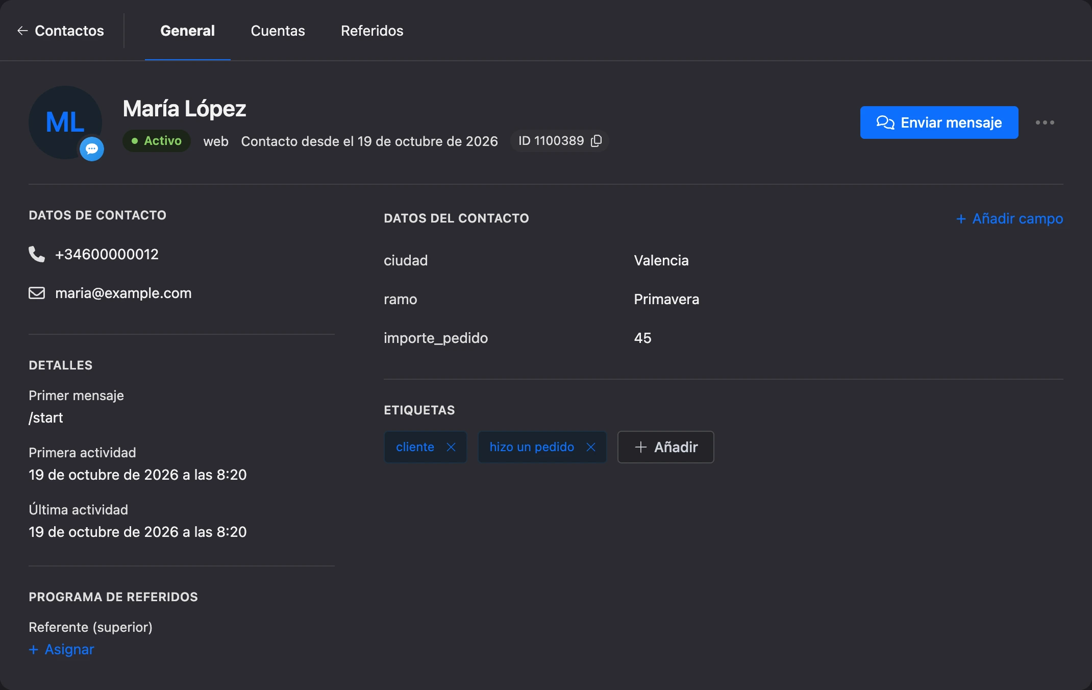 Ficha del contacto: encabezado, datos de contacto, campos de datos y etiquetas