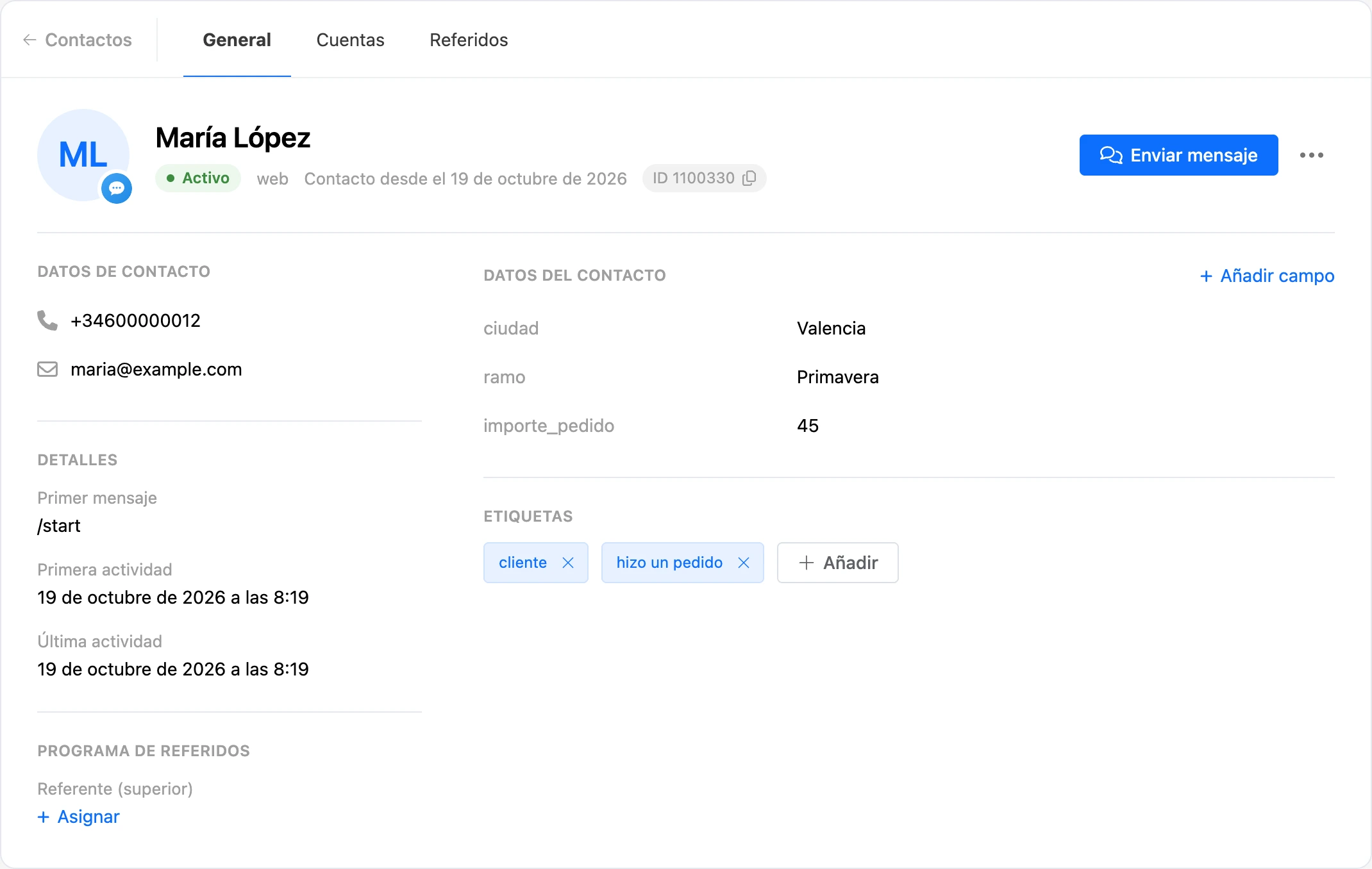 Ficha del contacto: encabezado, datos de contacto, campos de datos y etiquetas