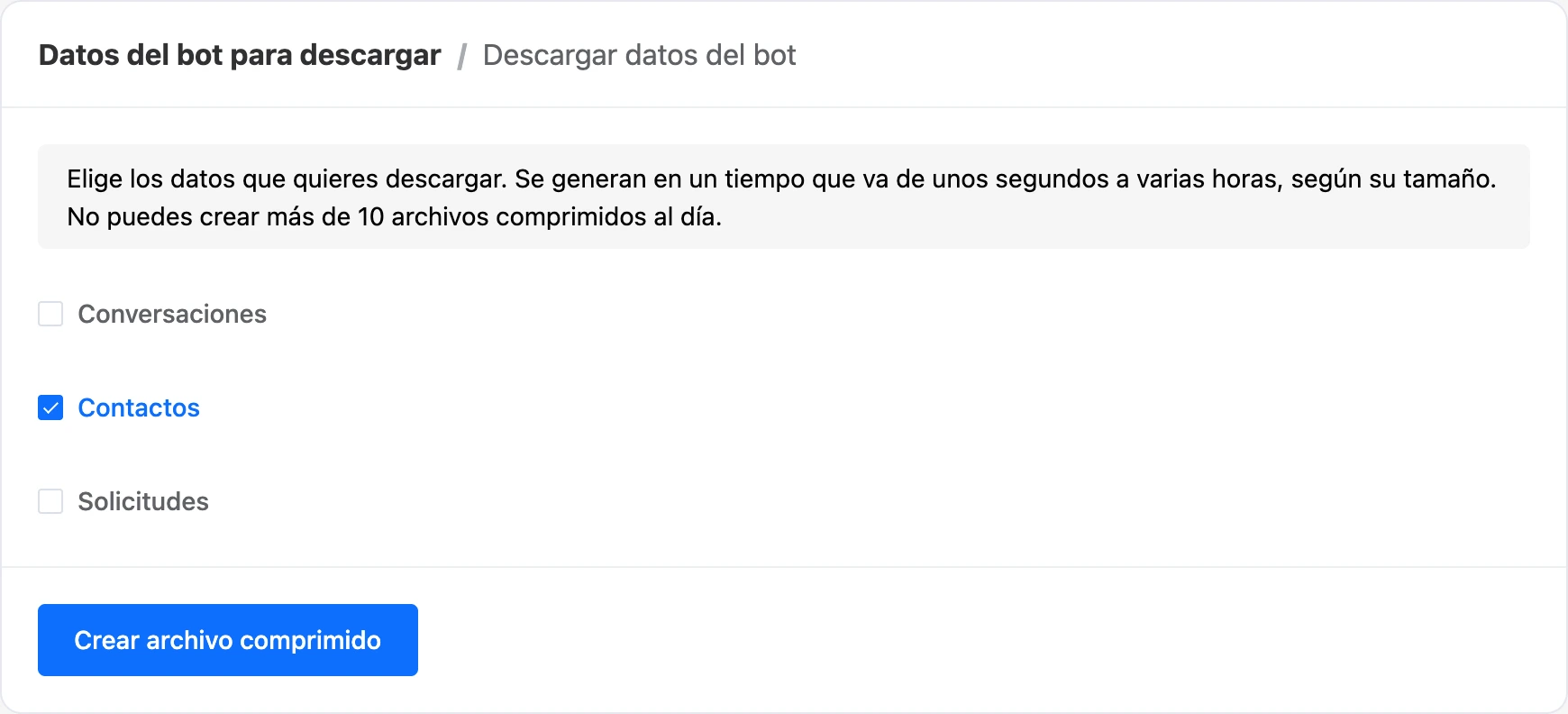 La página «Descargar datos del bot» con «Contactos» seleccionado
