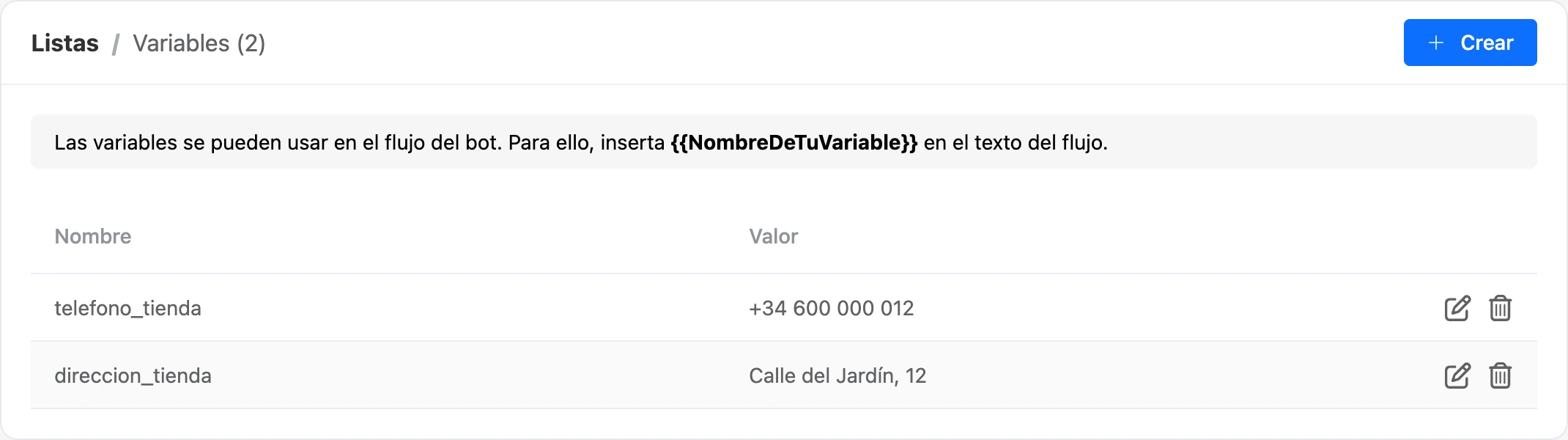 Página de variables globales del bot