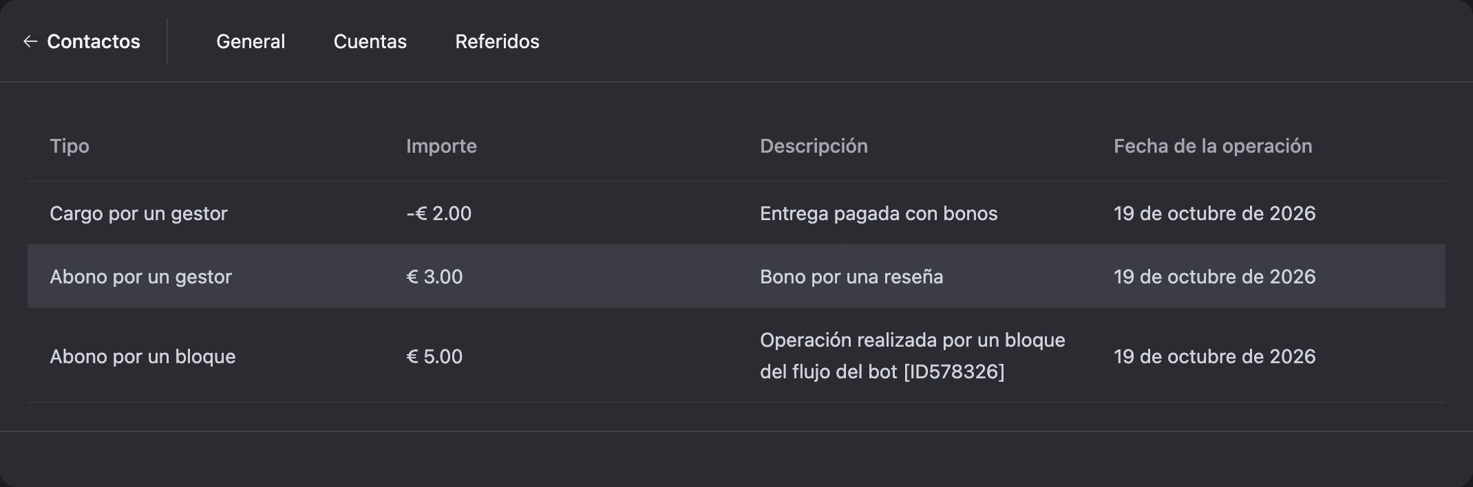 Historial de la cuenta: una recarga por un bloque, una recarga y un cargo por un gestor