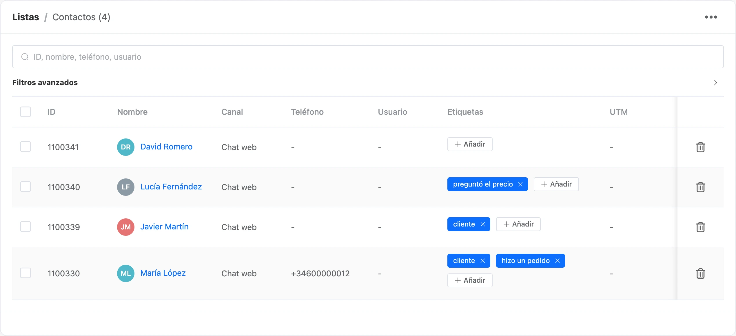 Lista de contactos del bot: búsqueda, filtros avanzados y la tabla de contactos con etiquetas