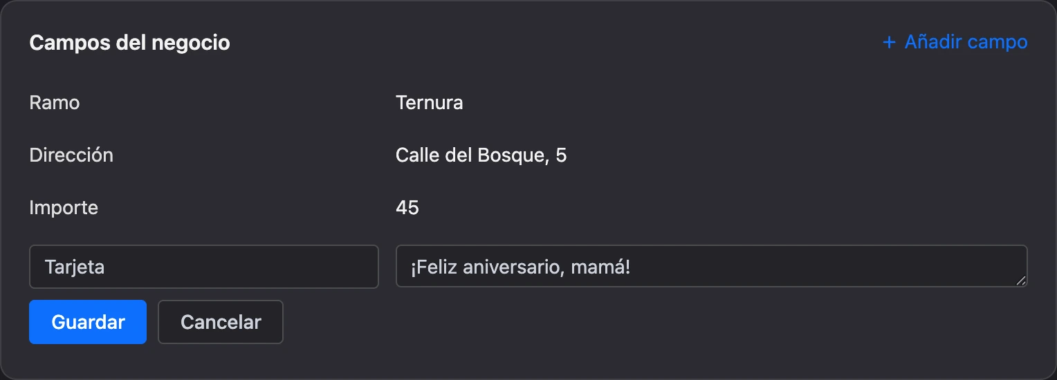 Un campo nuevo del negocio: nombre y valor