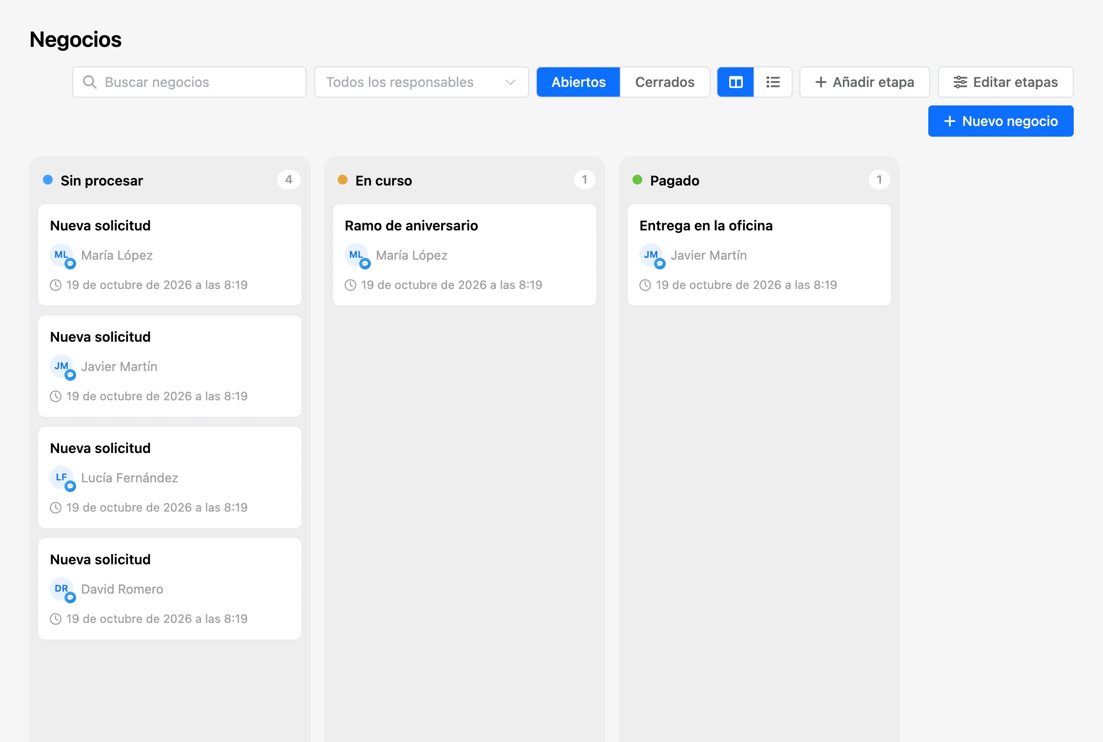 Tablero de negocios: etapas del embudo y tarjetas de negocios