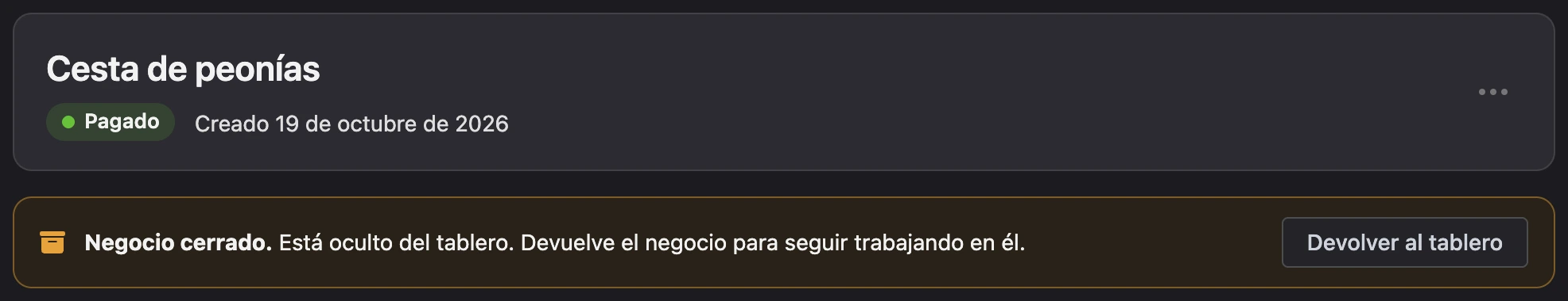 El aviso Negocio cerrado con el botón Devolver al tablero