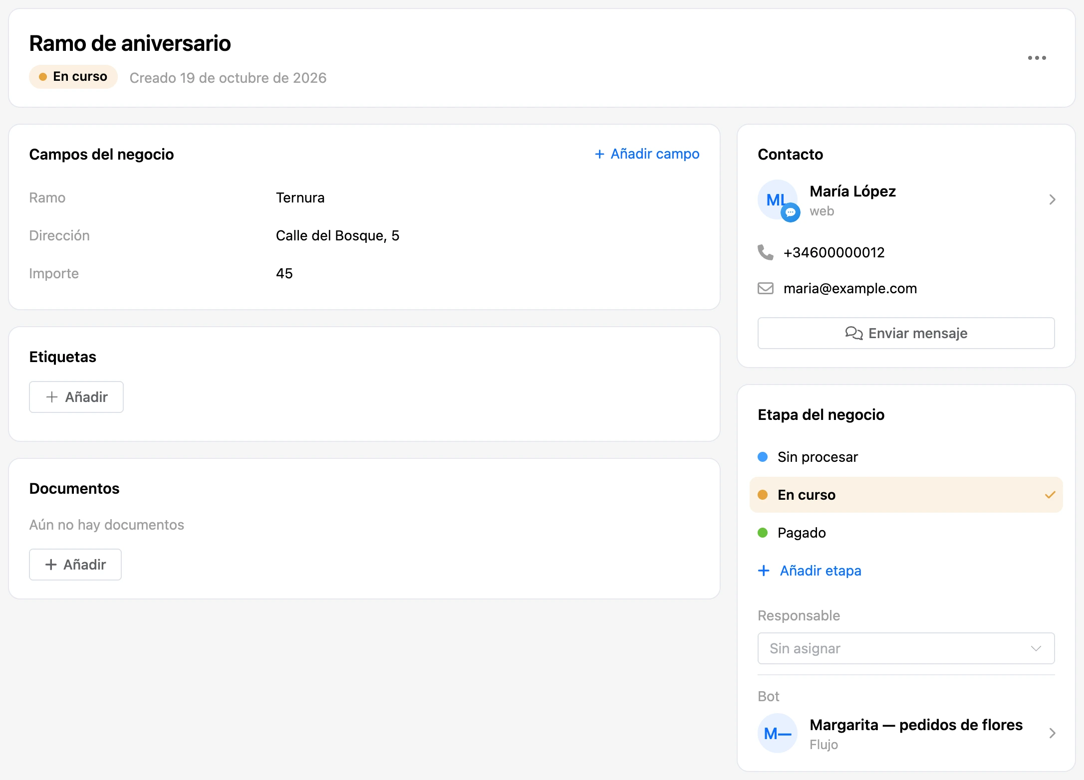 Ficha del negocio: campos, etiquetas, documentos, contacto, etapa y responsable