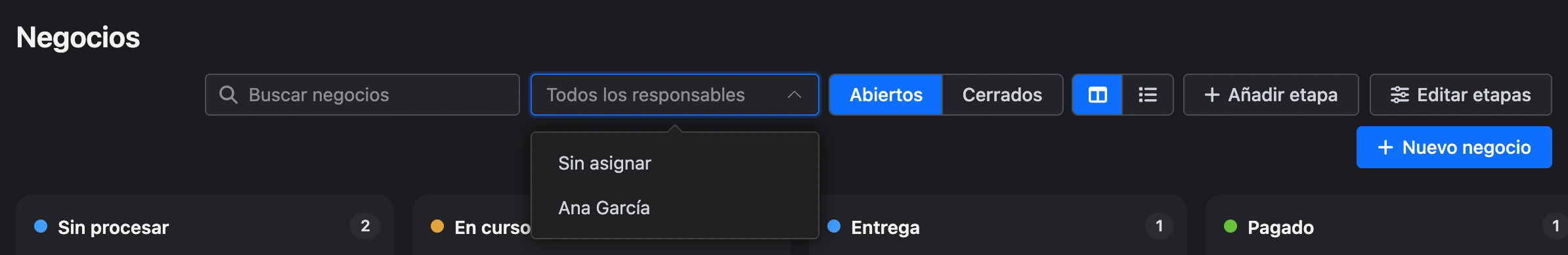 La búsqueda de negocios y el filtro de responsable encima del tablero