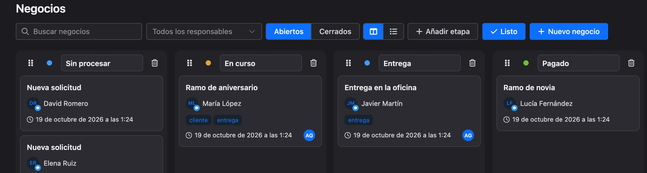 Configuración de etapas: asa para arrastrar, color, nombre y eliminación en los encabezados de las columnas