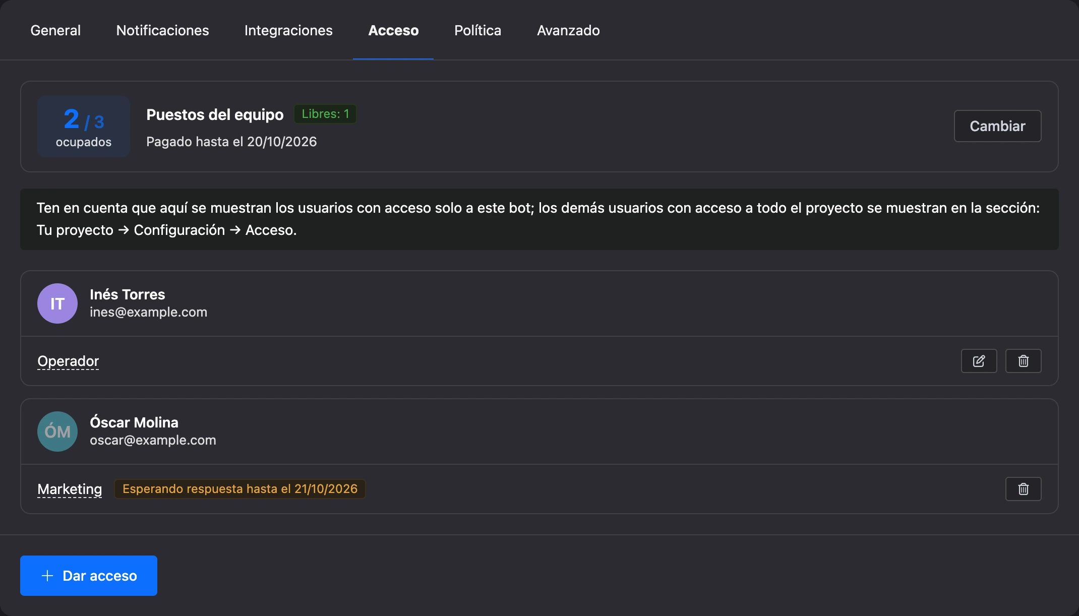 La pestaña Acceso: puestos del equipo, un miembro del equipo con un rol y una invitación pendiente