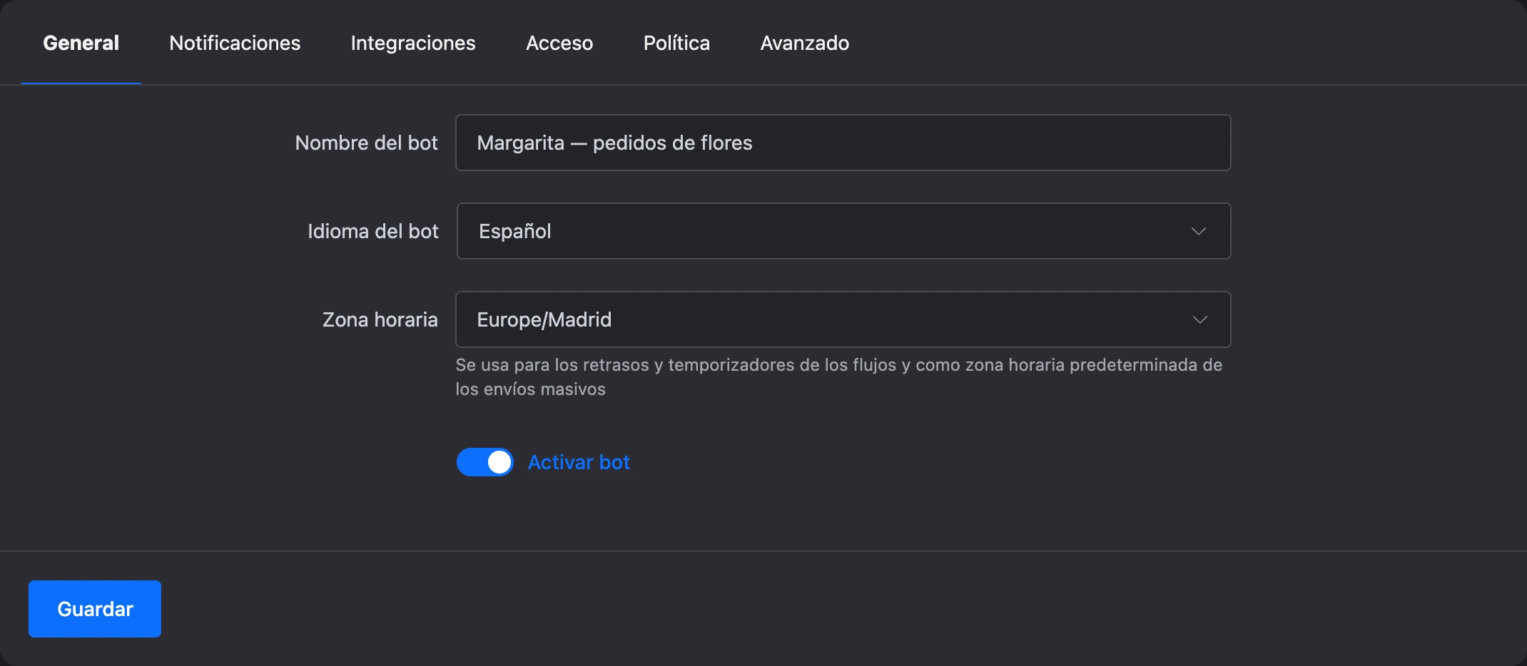 Pestaña principal de la configuración del bot