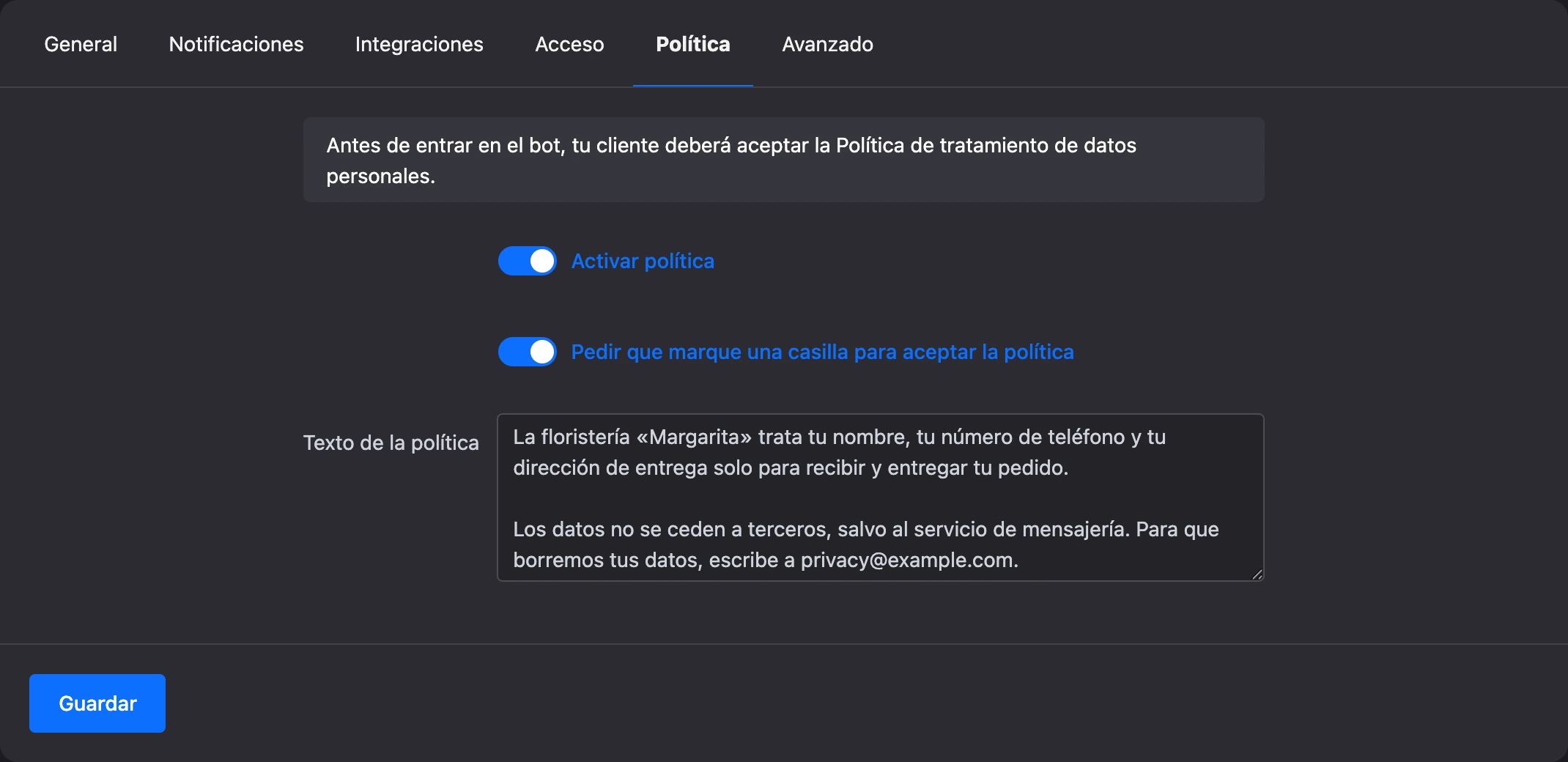 La pestaña «Política» con la política, la casilla y el texto activados