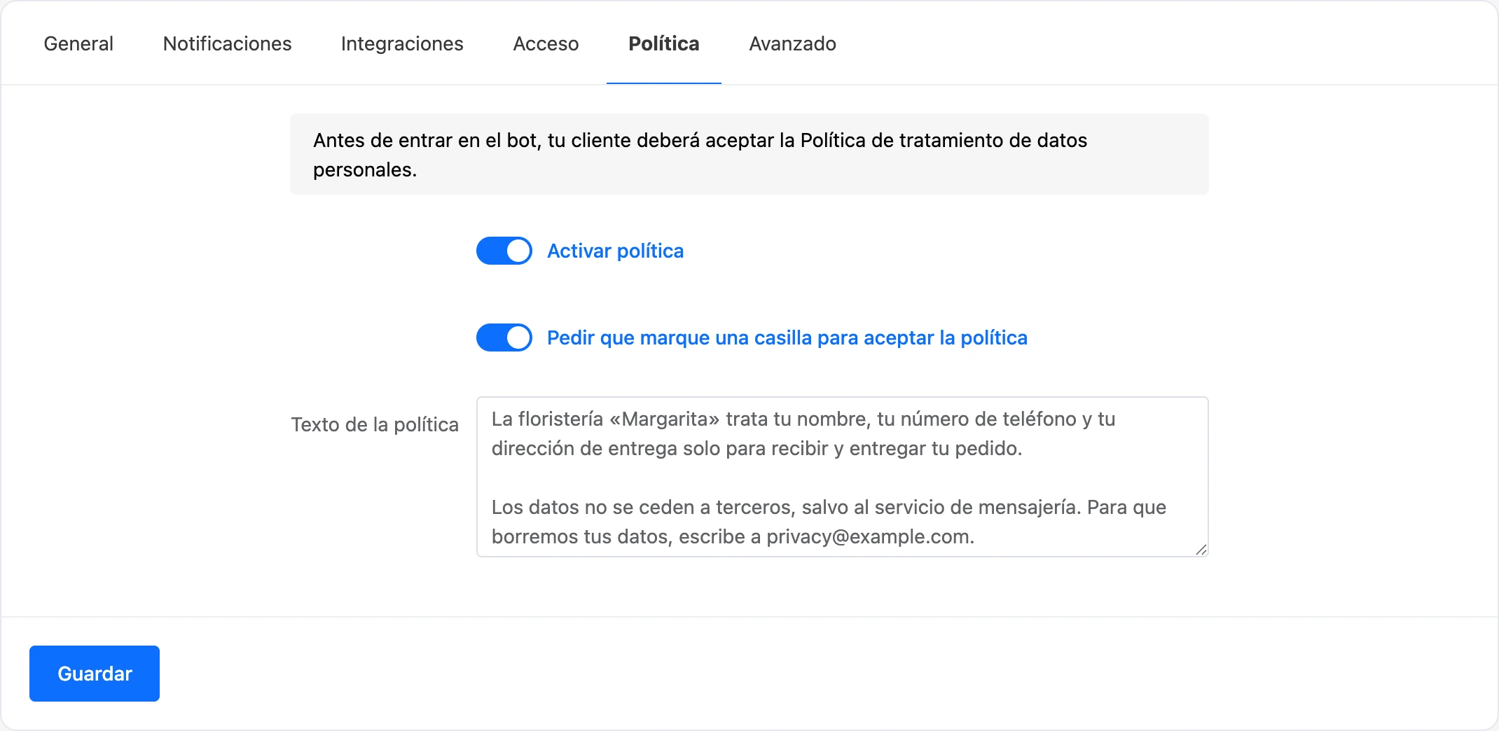 La pestaña «Política» con la política, la casilla y el texto activados