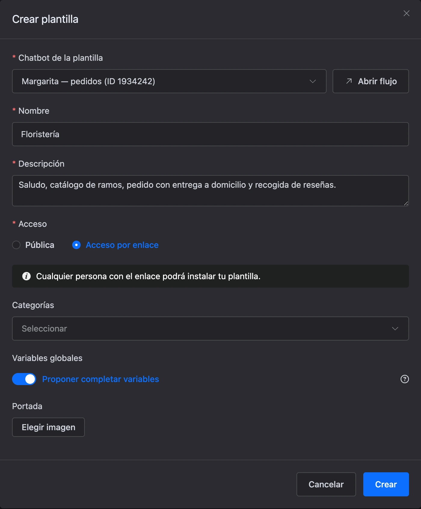 La ventana «Crear plantilla» con un bot elegido y acceso por enlace