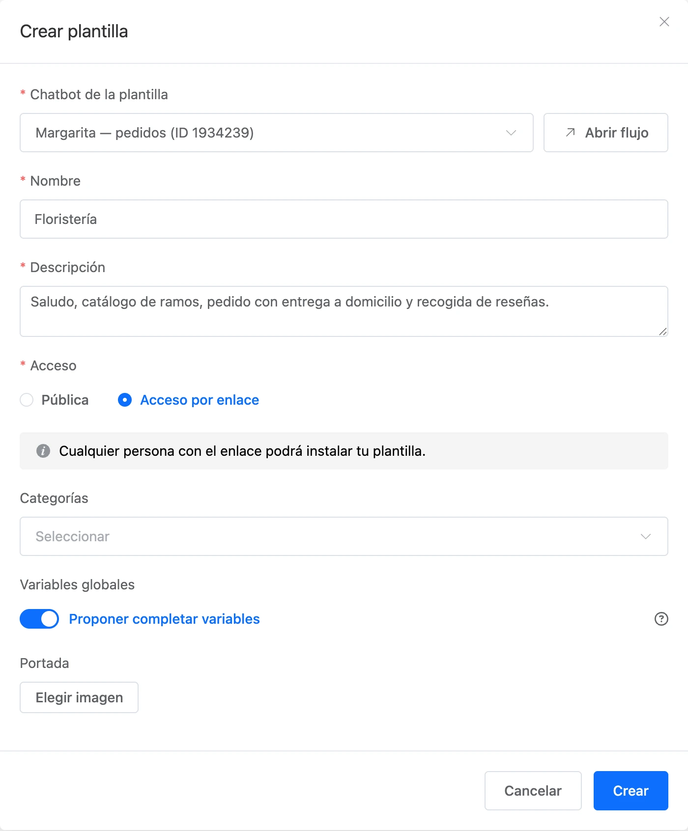 La ventana «Crear plantilla» con un bot elegido y acceso por enlace
