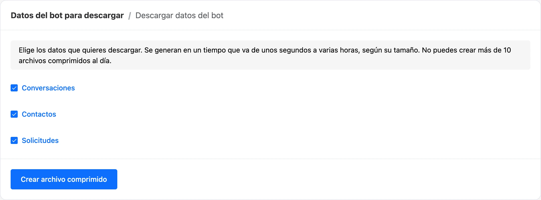 Una solicitud de archivo comprimido con conversaciones, contactos y solicitudes marcados