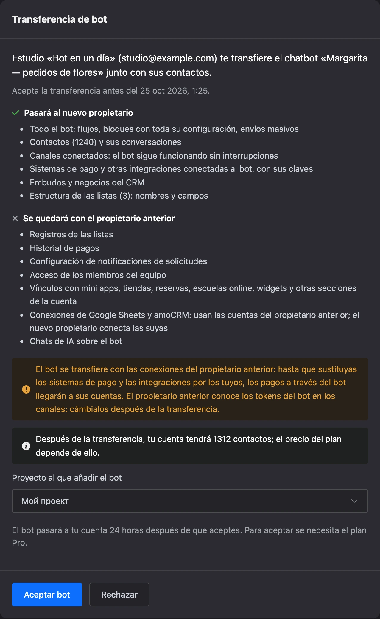 La página Transferencia de bot para el destinatario: qué pasa, el proyecto y los botones Aceptar bot y Rechazar