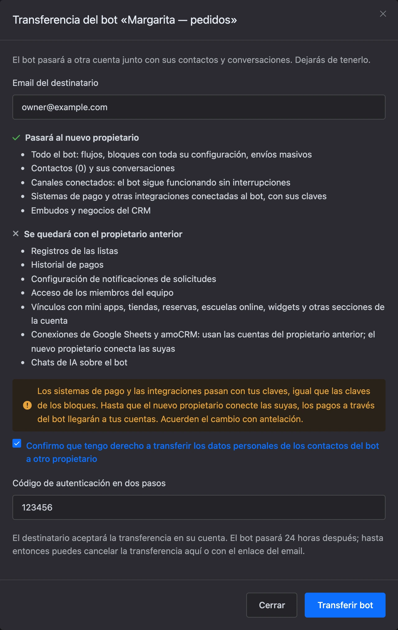 La ventana de transferencia del bot: email del destinatario, qué pasa y qué se queda, consentimiento y código