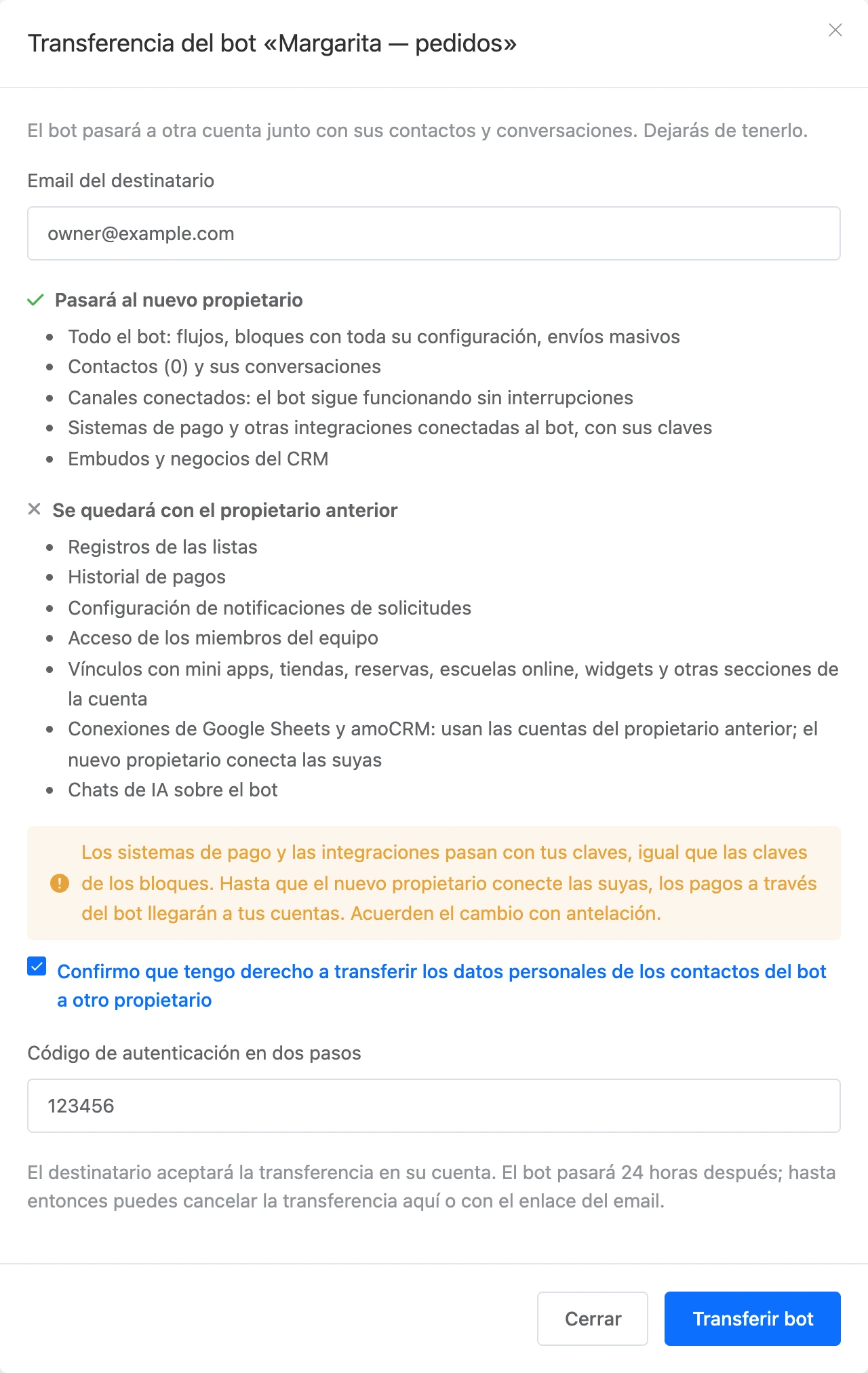 La ventana de transferencia del bot: email del destinatario, qué pasa y qué se queda, consentimiento y código