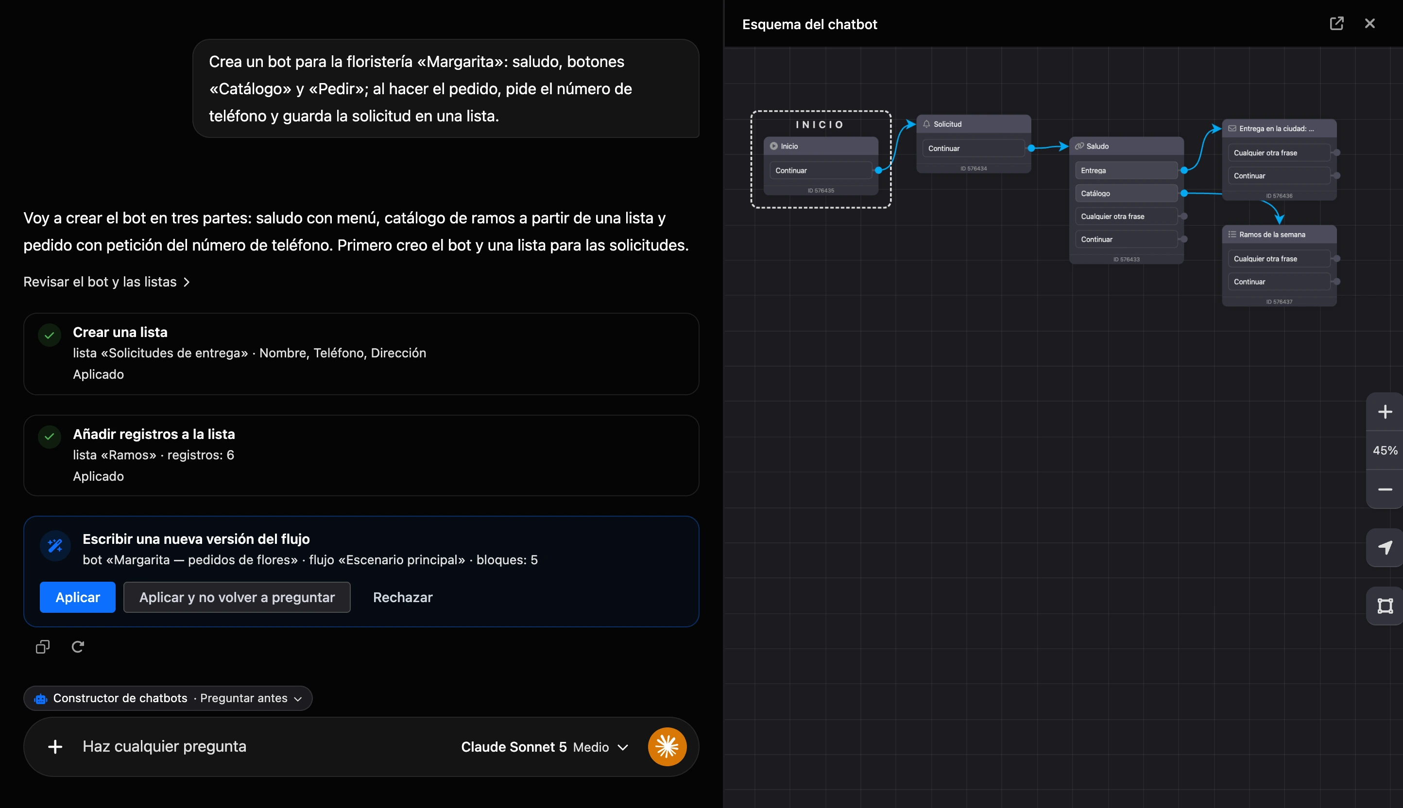 Creación en el chat de IA: tarjetas de cambios con los botones Aplicar y Rechazar, el panel Esquema del chatbot a la derecha