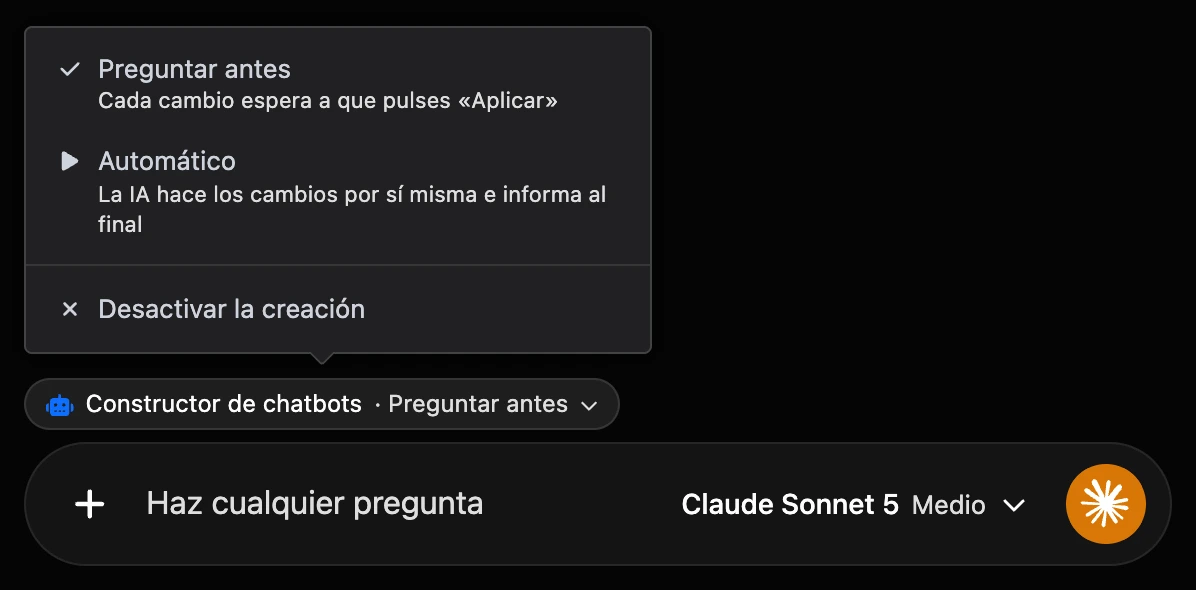 La etiqueta «Constructor de chatbots» sobre el campo de mensaje y su menú de modos