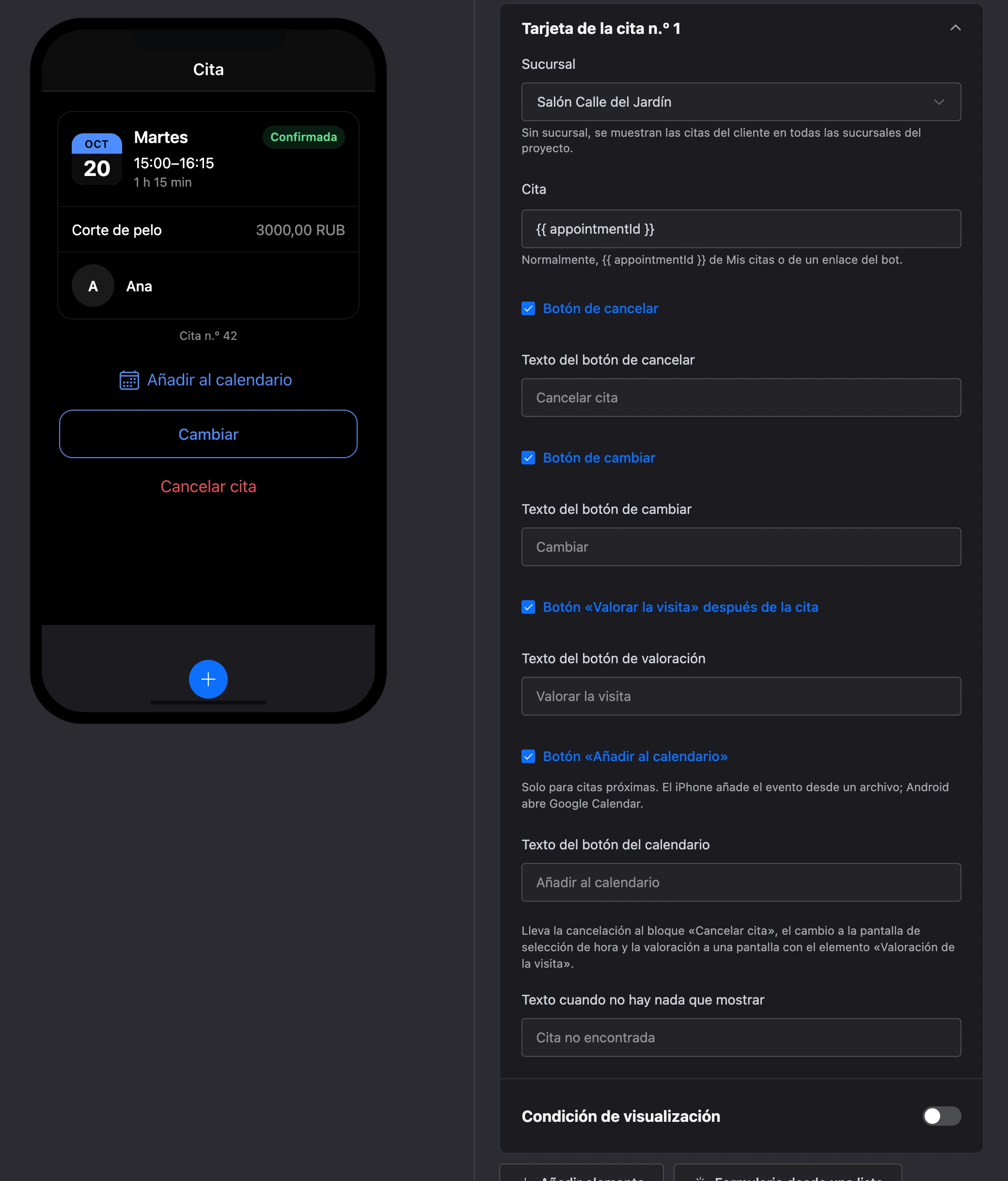 El elemento «Tarjeta de la cita»: una cita con botones y la configuración del elemento