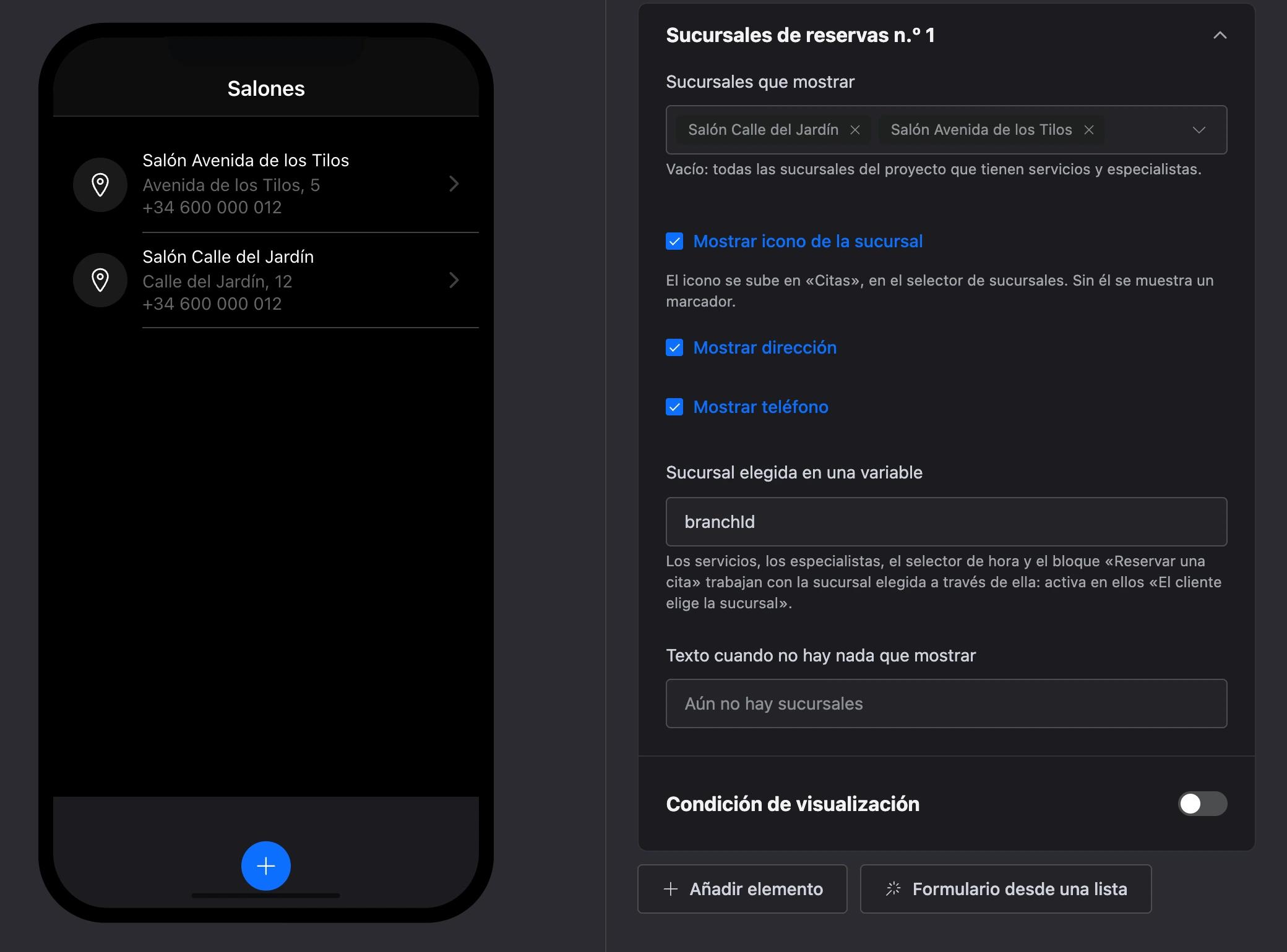 El elemento «Sucursales de reservas»: dos salones con direcciones y teléfonos, y la configuración del elemento