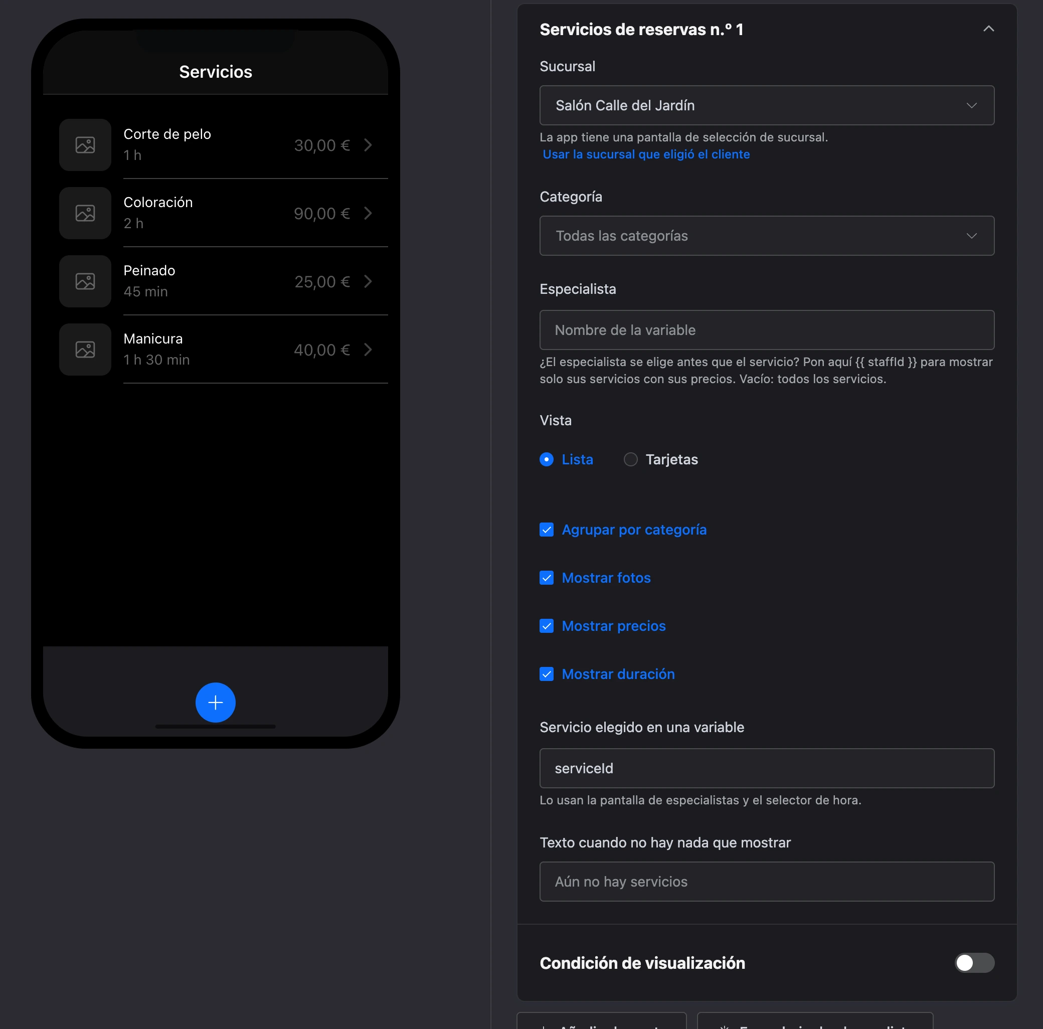 El elemento «Servicios de reservas»: servicios con precio y duración, y la configuración del elemento