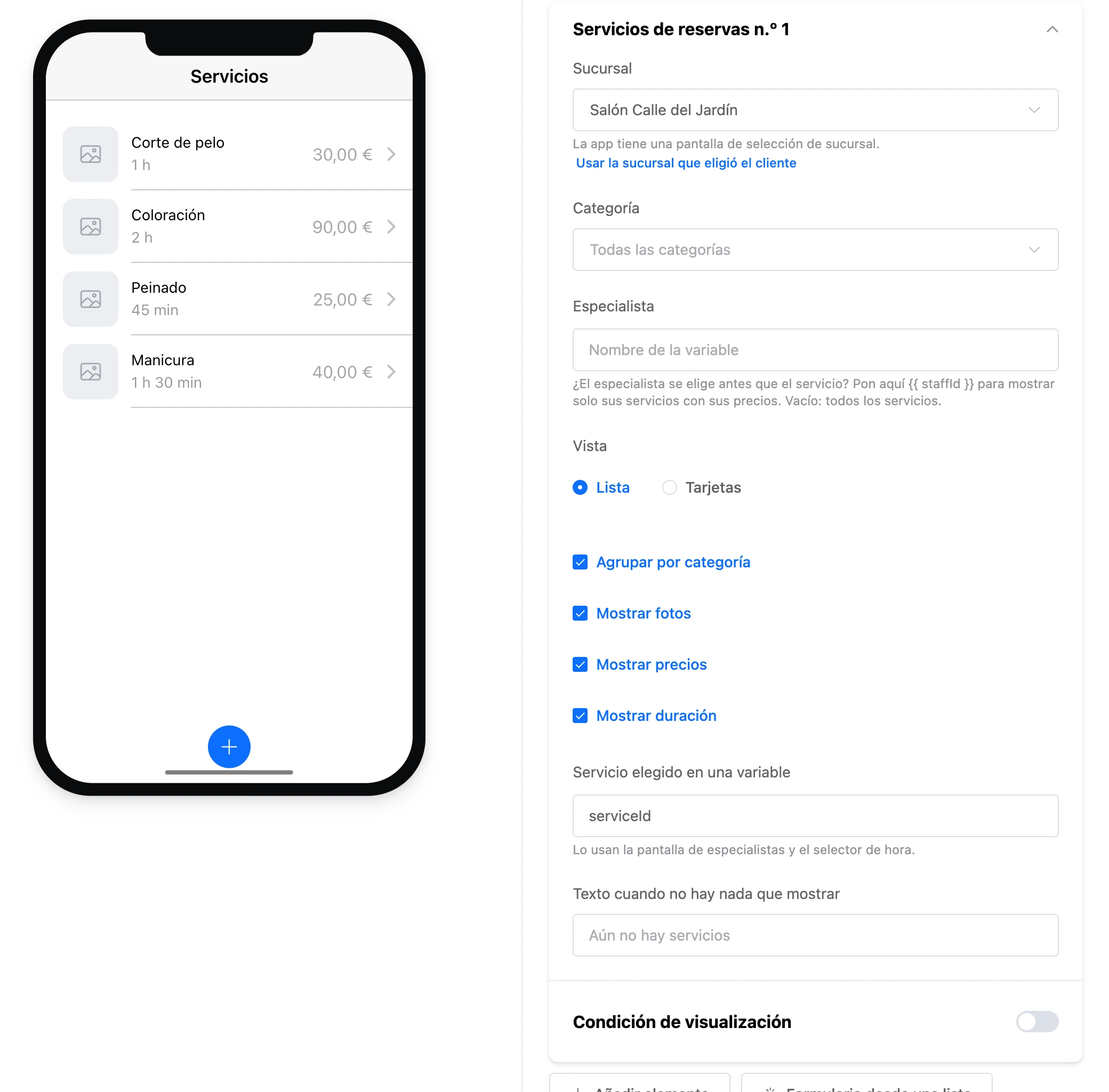 El elemento «Servicios de reservas»: servicios con precio y duración, y la configuración del elemento