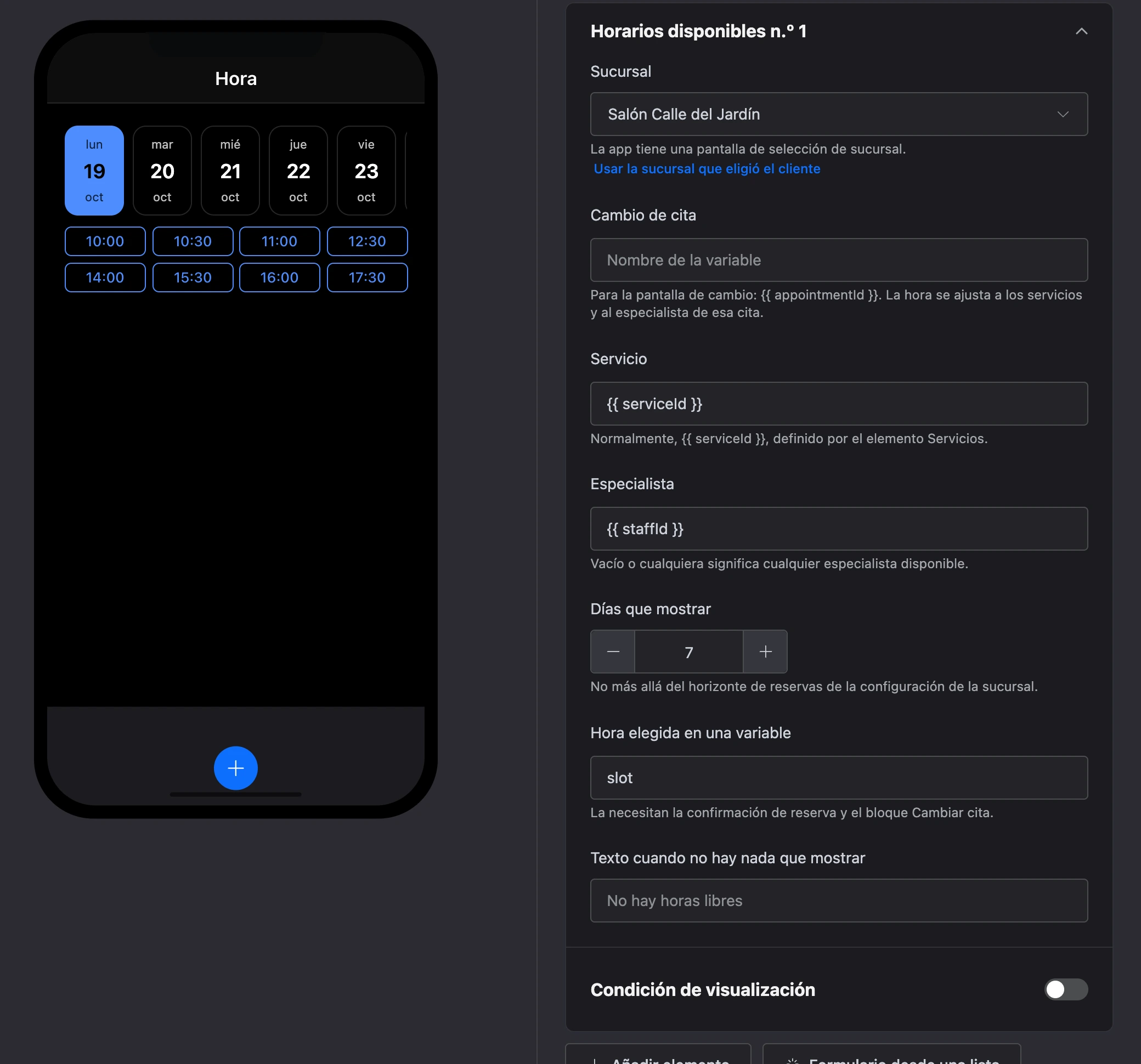 El elemento «Horarios disponibles»: una franja de días y horas libres, y la configuración del elemento