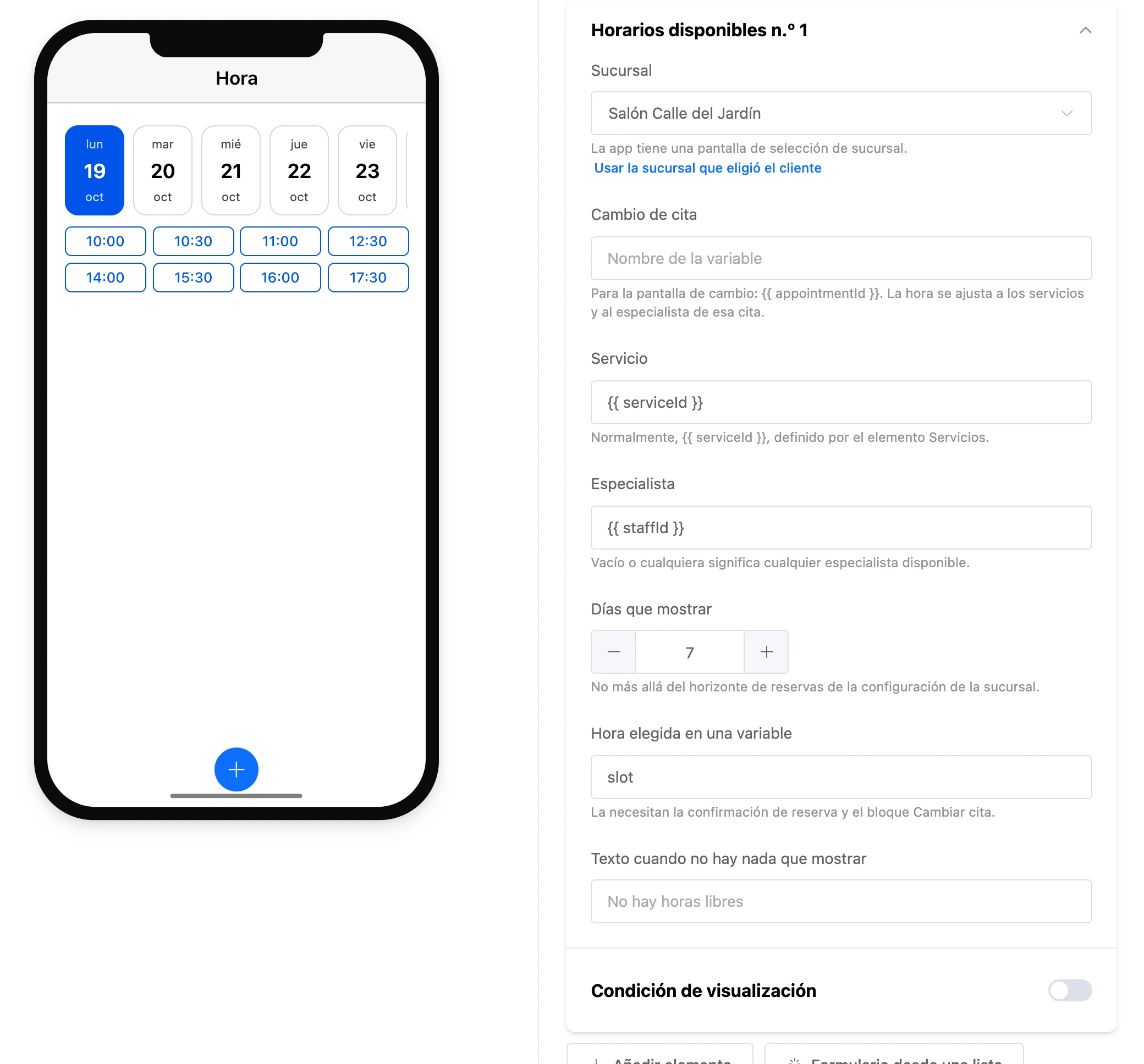 El elemento «Horarios disponibles»: una franja de días y horas libres, y la configuración del elemento
