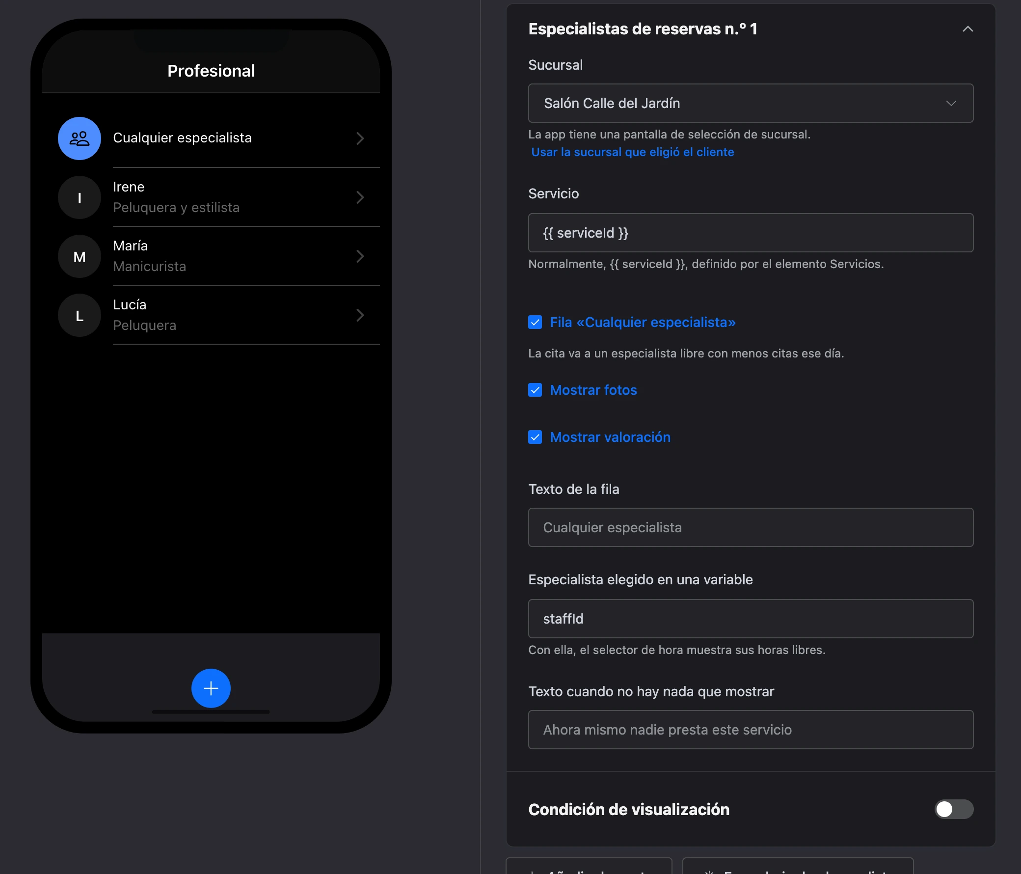 El elemento «Especialistas de reservas»: la fila «Cualquier especialista» y los especialistas, y la configuración del elemento