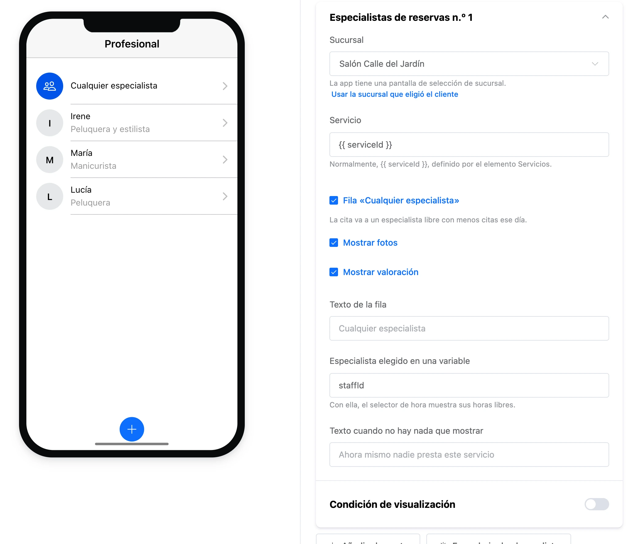 El elemento «Especialistas de reservas»: la fila «Cualquier especialista» y los especialistas, y la configuración del elemento