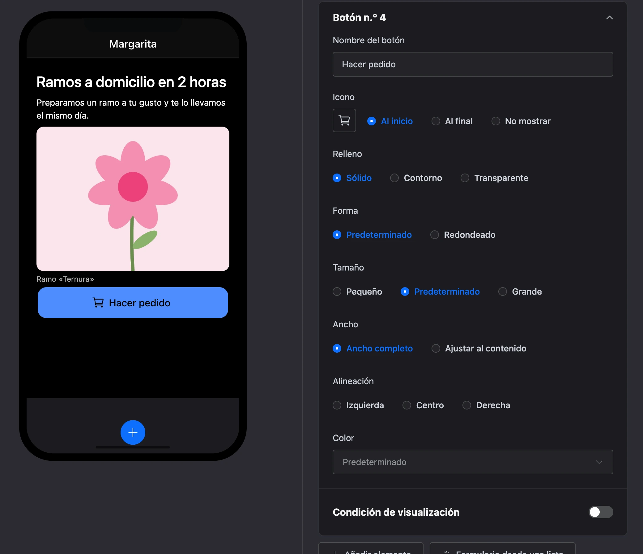 El elemento «Botón»: el botón «Hacer un pedido» con icono y su configuración