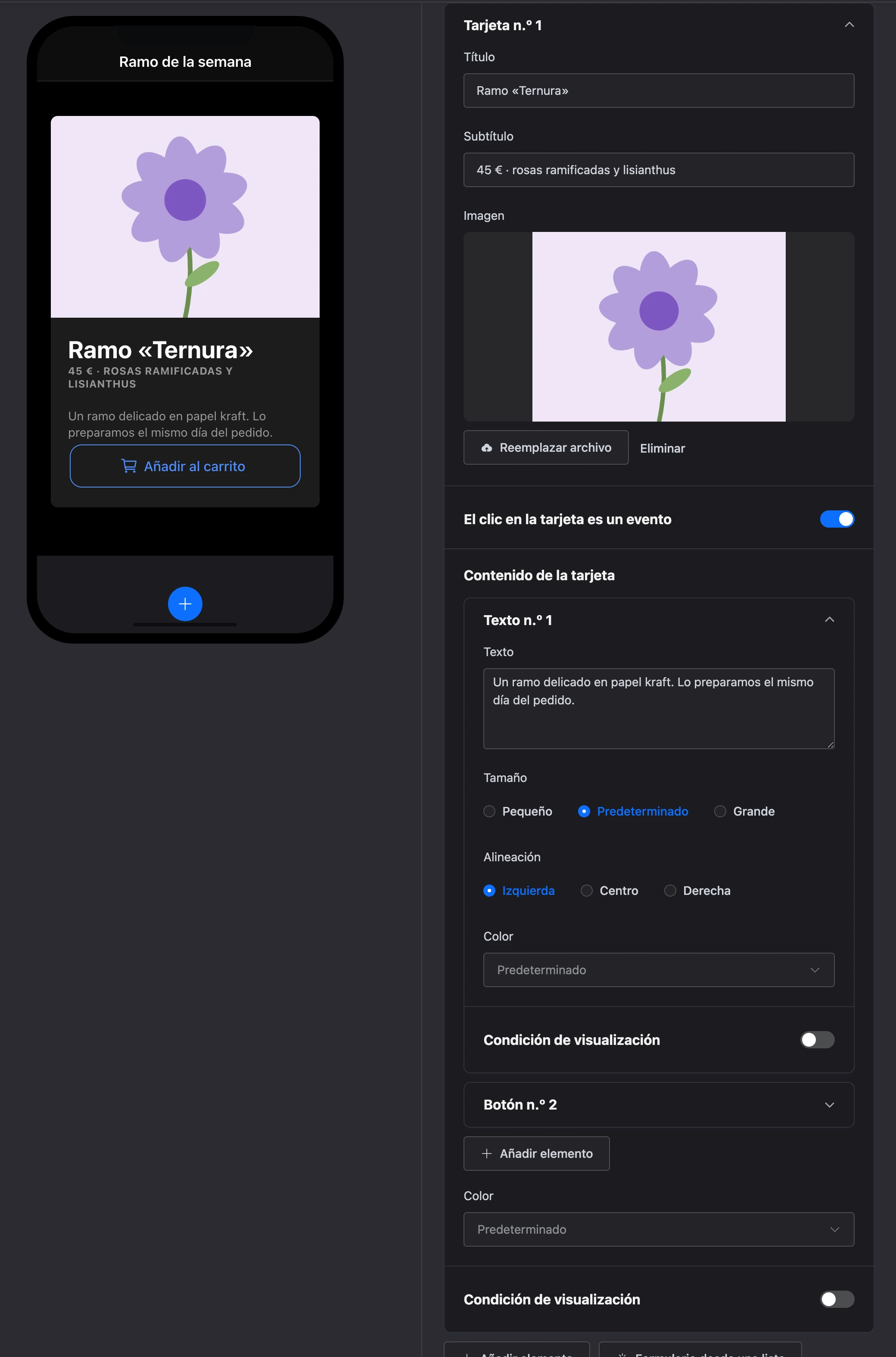 El elemento «Tarjeta»: una imagen, un título, un subtítulo, texto y un botón dentro, y la configuración de la tarjeta