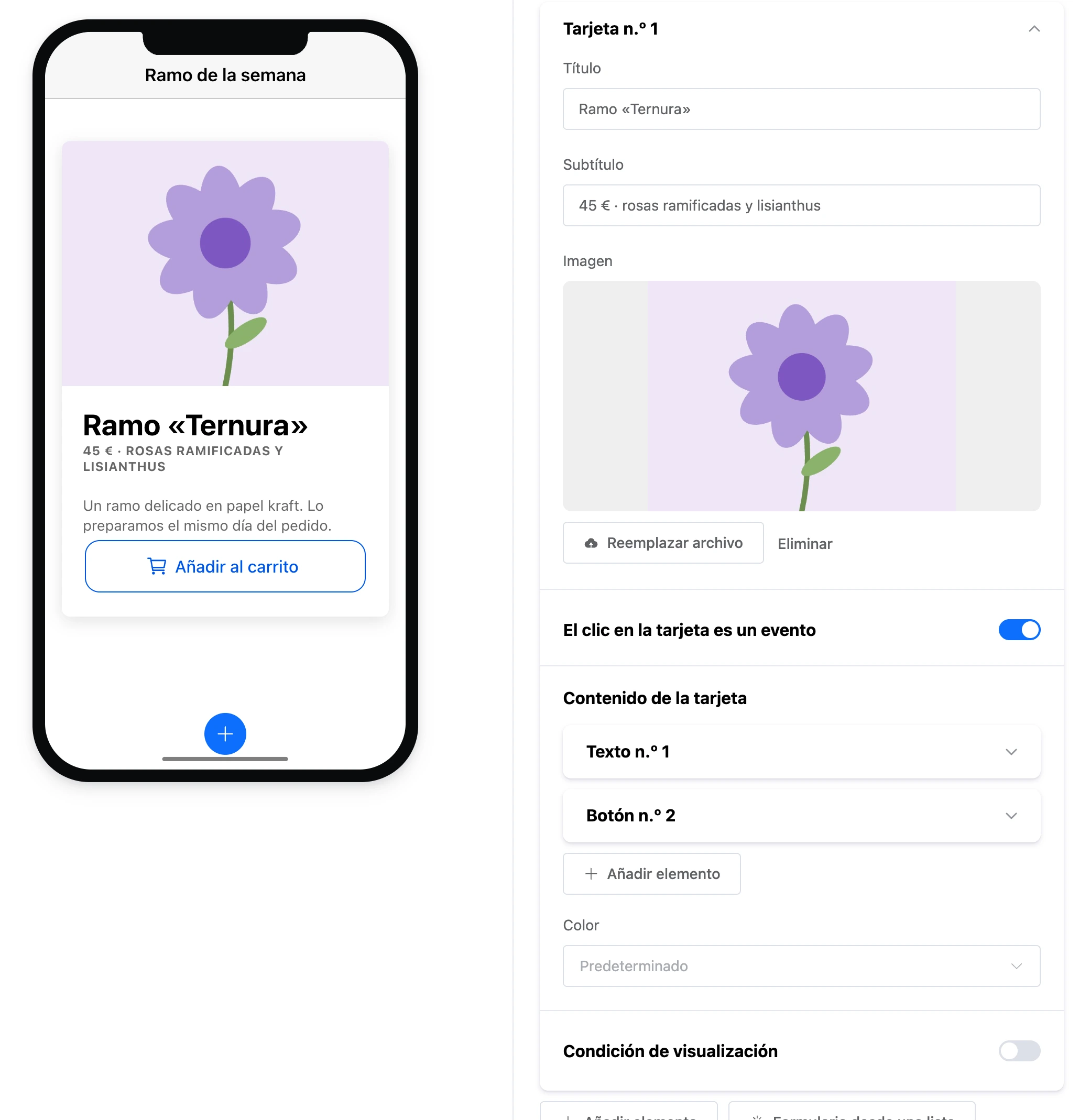El elemento «Tarjeta»: una imagen, un título, un subtítulo, texto y un botón dentro, y la configuración de la tarjeta