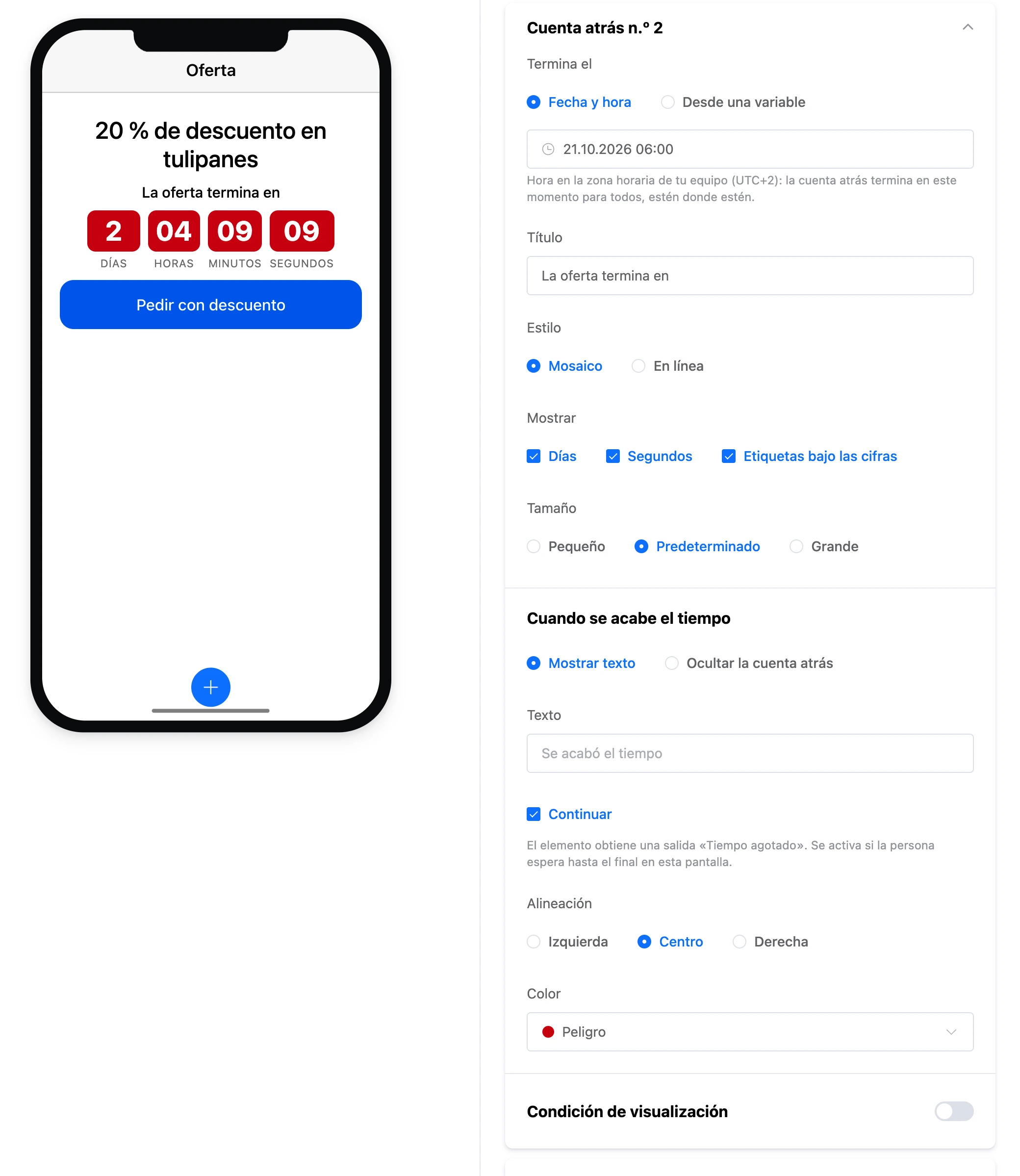 El elemento «Cuenta atrás»: mosaicos con días, horas, minutos y segundos, y la configuración del elemento