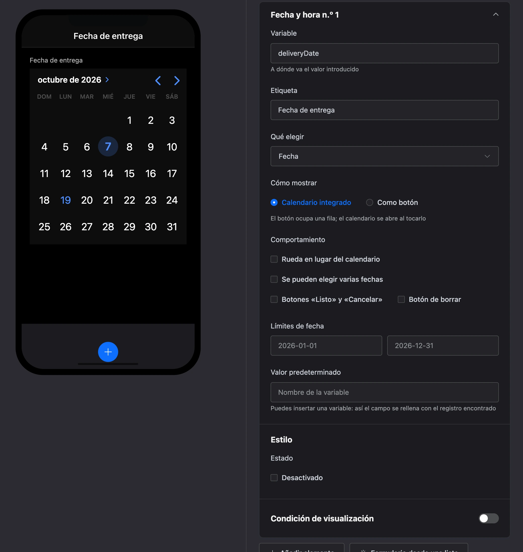 El elemento «Fecha y hora»: un calendario en la pantalla y la configuración del elemento
