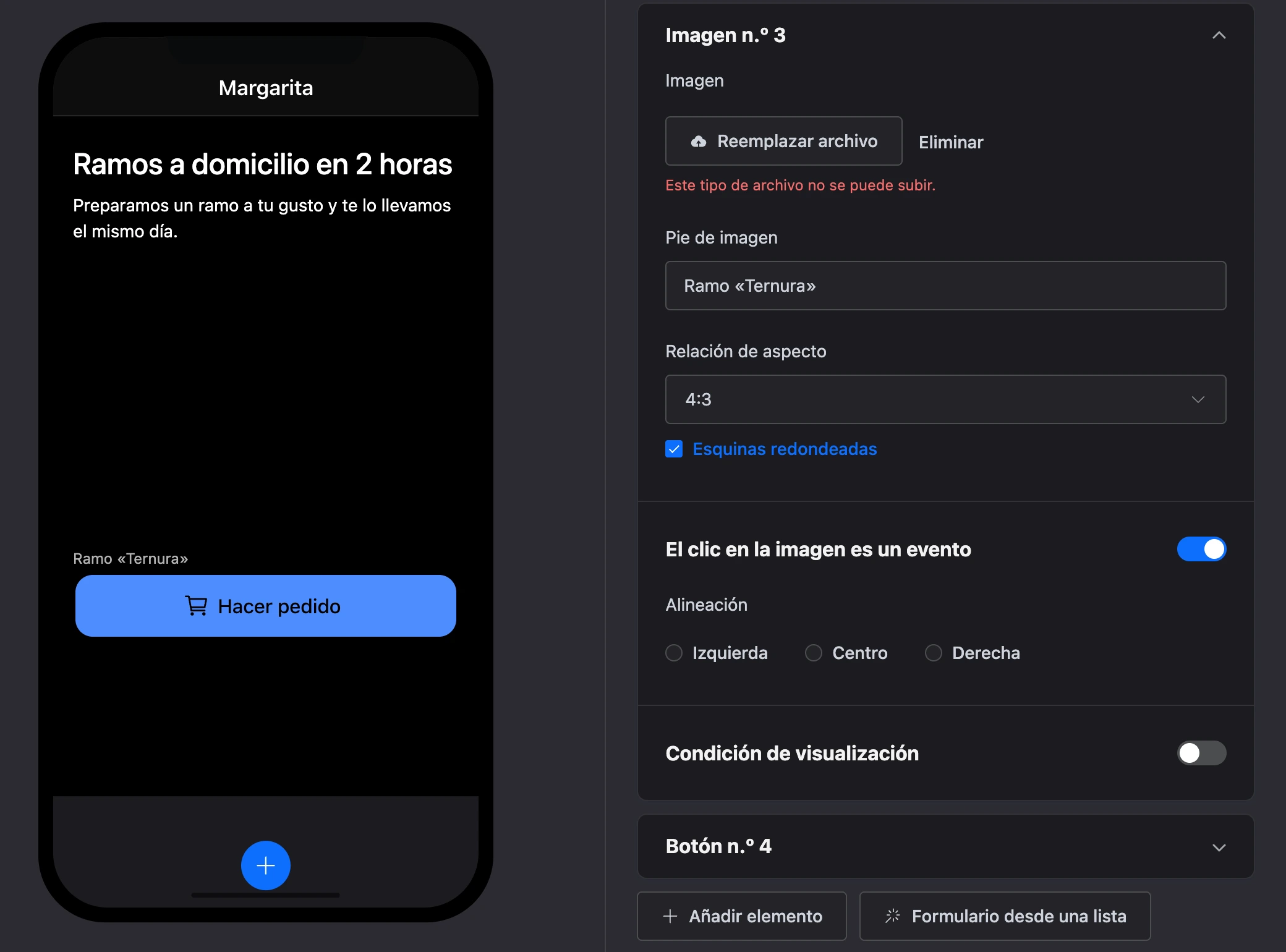 El campo «Imagen» tras intentar subir un SVG: «Este tipo de archivo no se puede subir.»