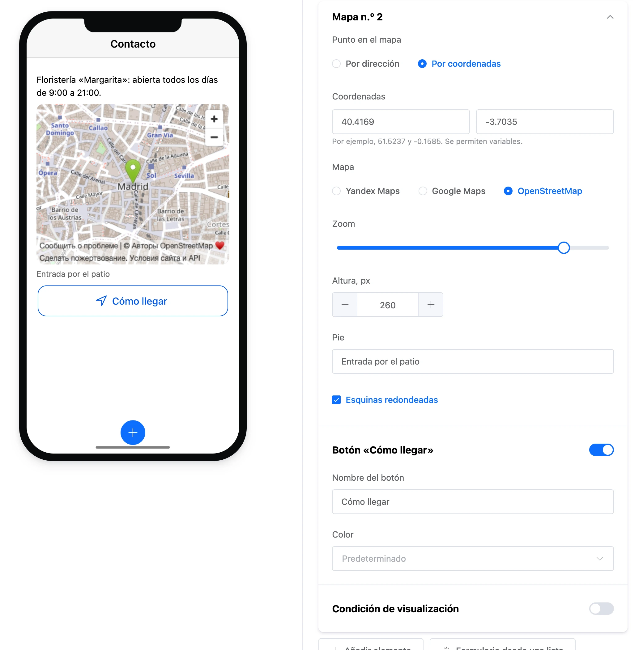 El elemento «Mapa»: un punto en el mapa, un pie y el botón «Cómo llegar», y la configuración del elemento
