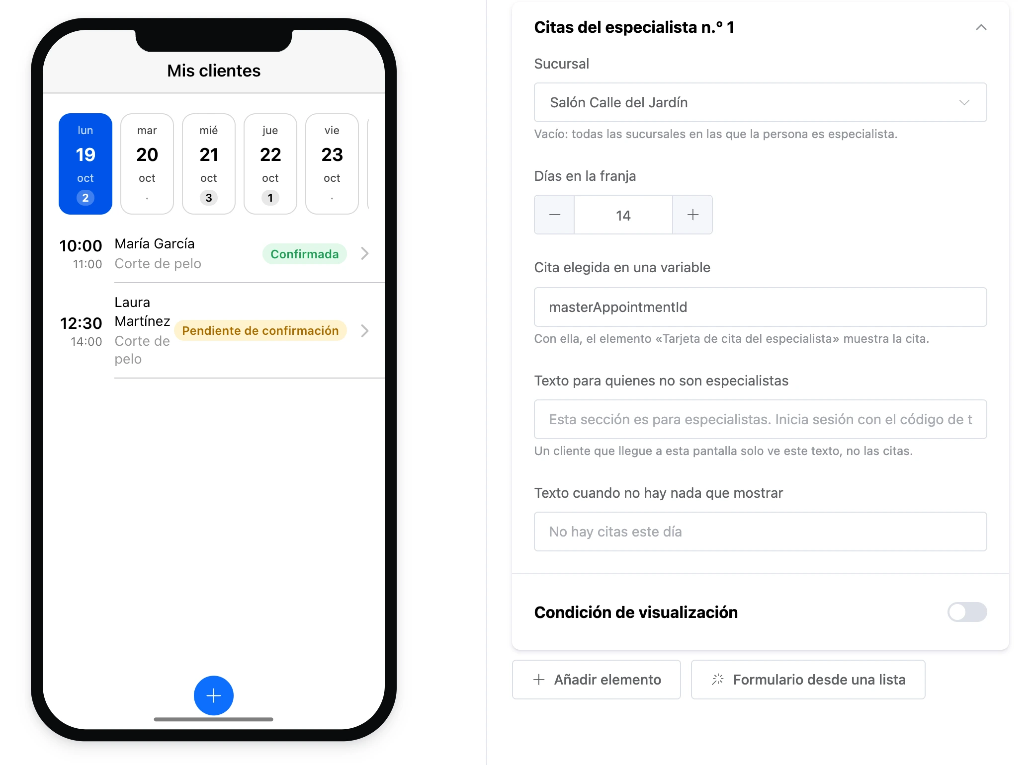 El elemento «Citas del especialista»: una franja de días y las citas del día, y la configuración del elemento