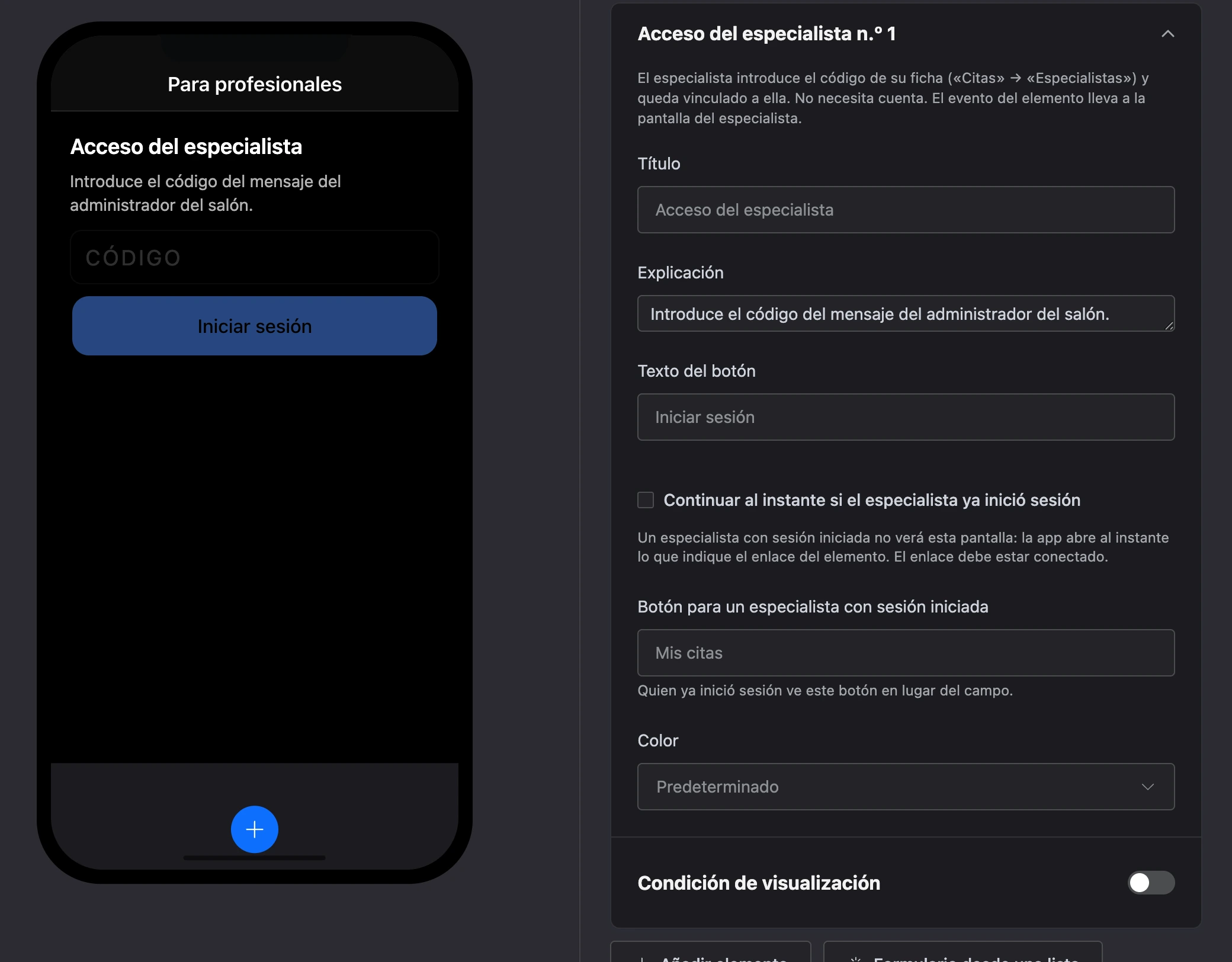 El elemento «Acceso del especialista»: el campo del código y el botón «Iniciar sesión», y la configuración del elemento
