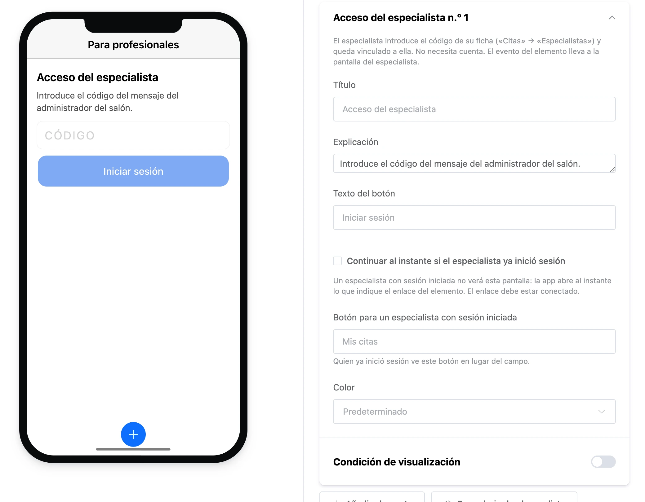 El elemento «Acceso del especialista»: el campo del código y el botón «Iniciar sesión», y la configuración del elemento