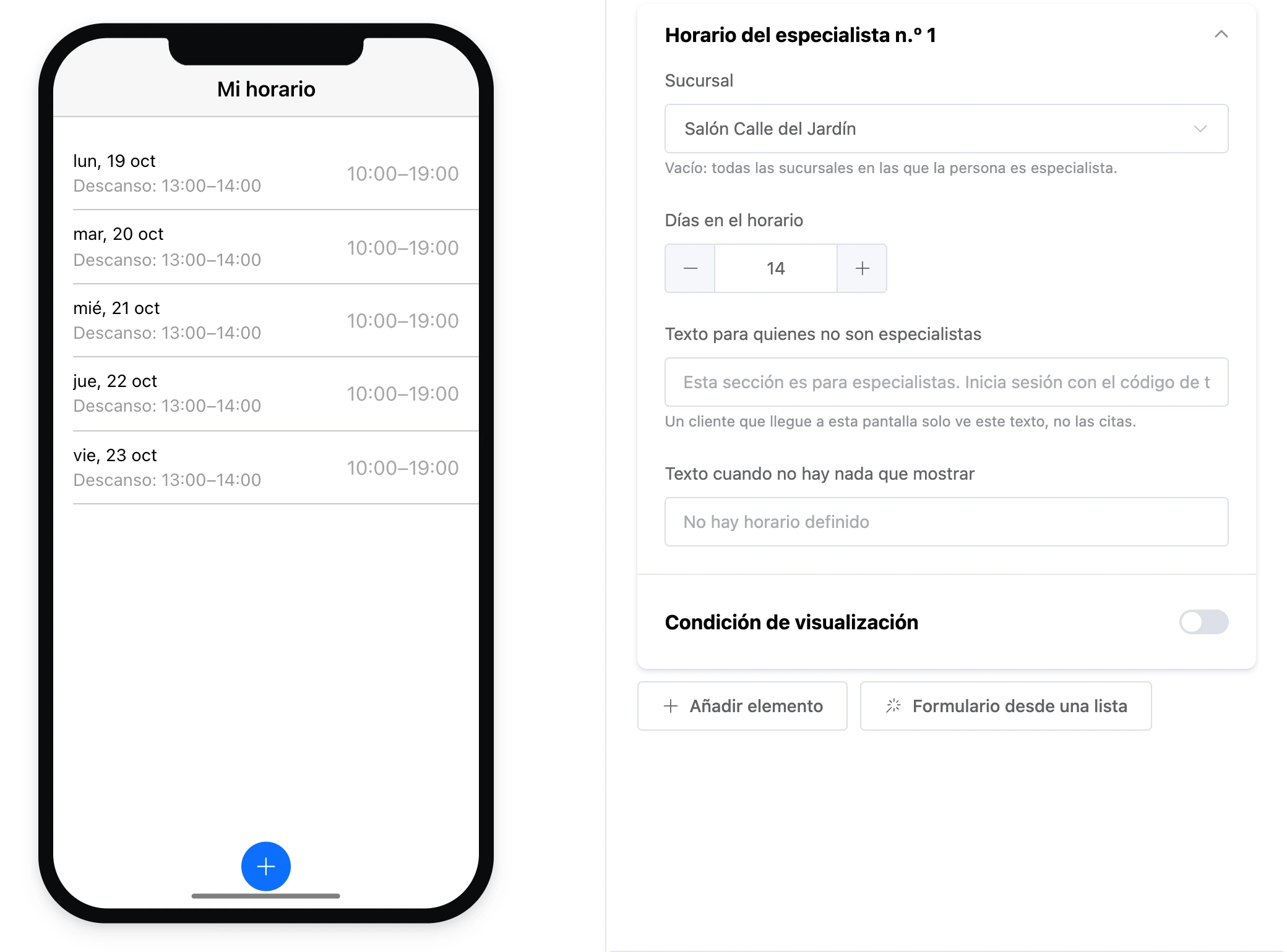 El elemento «Horario del especialista»: horas de trabajo por día y la configuración del elemento