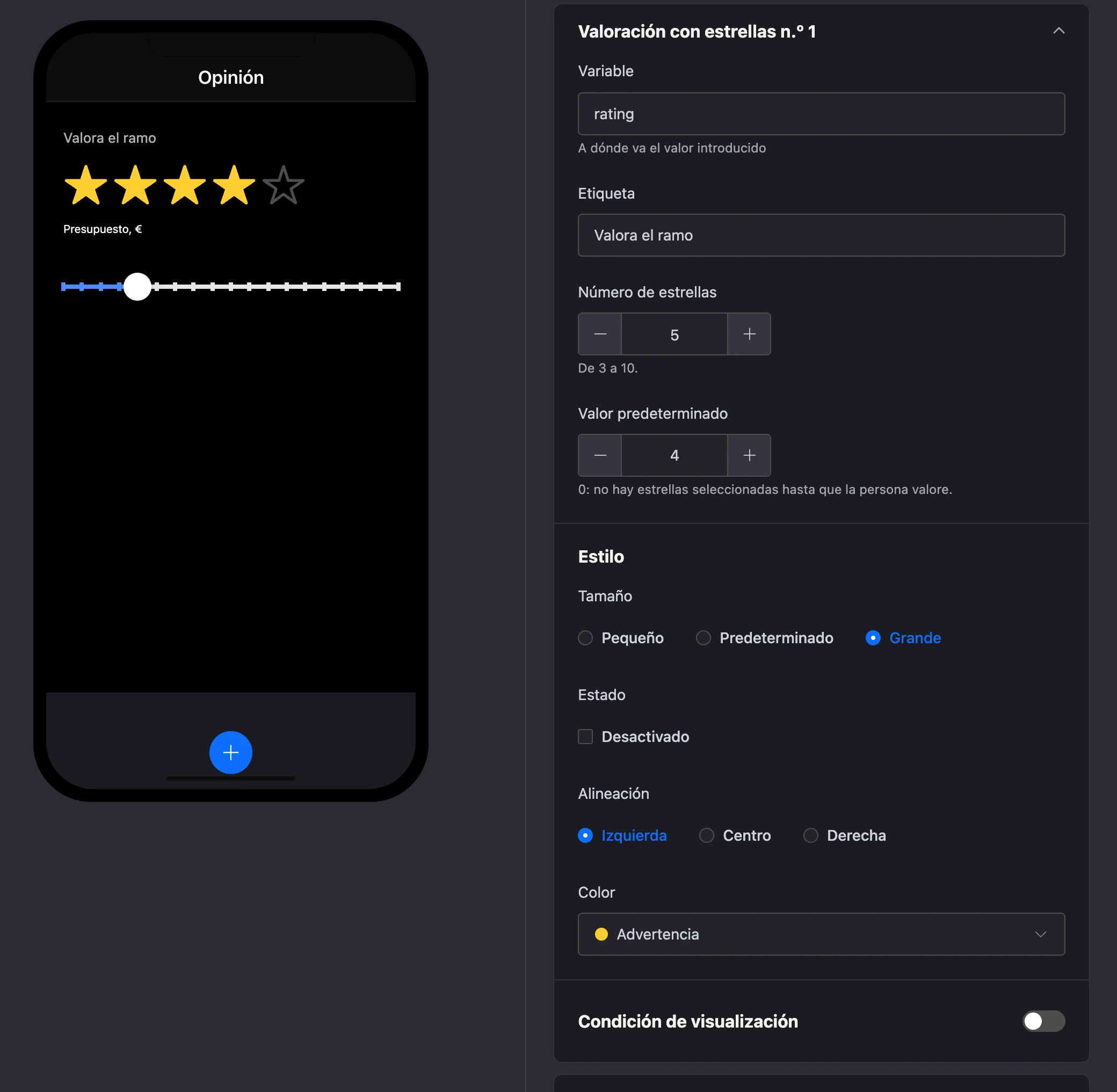 El elemento «Valoración con estrellas»: cuatro estrellas de cinco en la pantalla y la configuración del elemento
