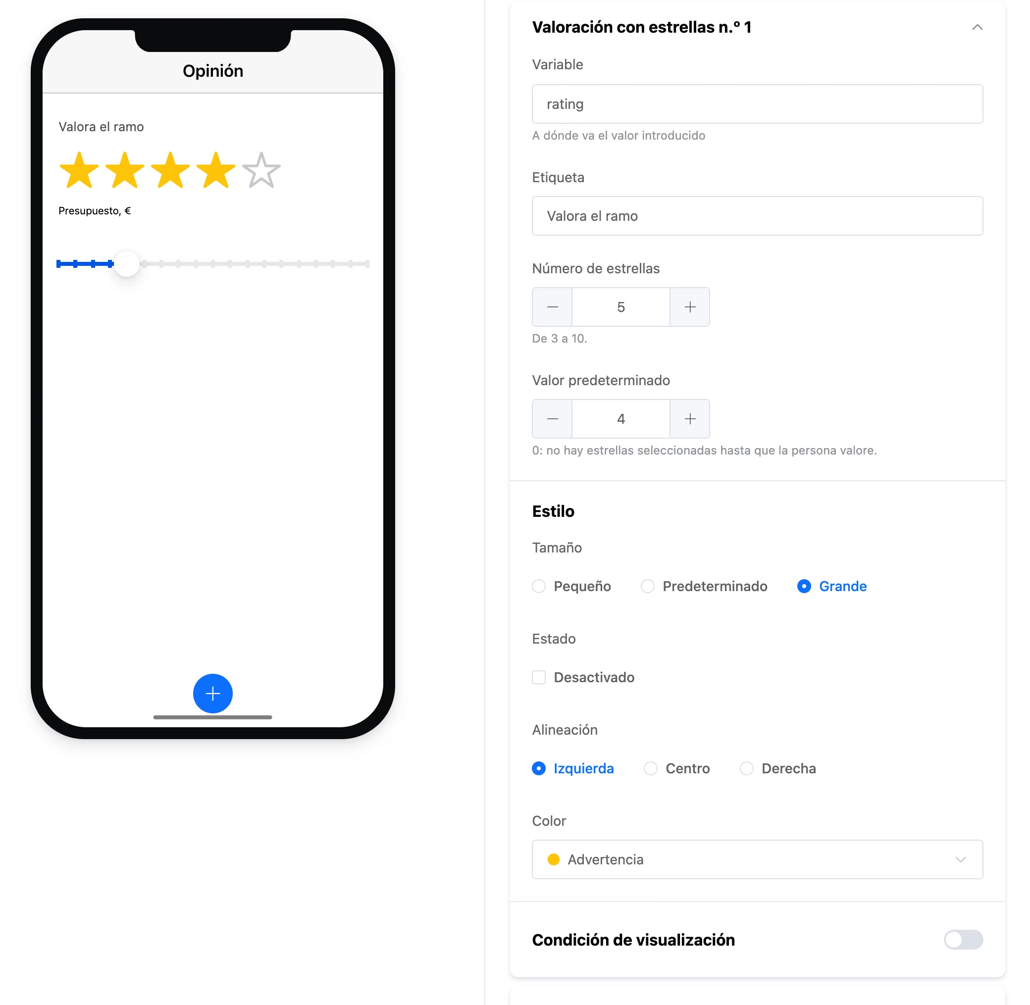 El elemento «Valoración con estrellas»: cuatro estrellas de cinco en la pantalla y la configuración del elemento