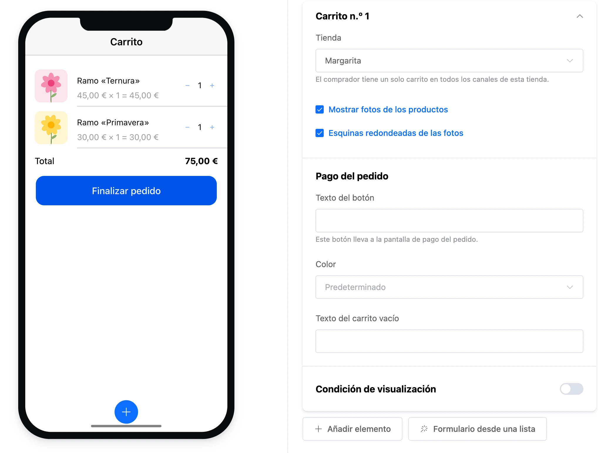 El elemento «Carrito»: dos productos, el total y el botón «Finalizar pedido», y la configuración del elemento
