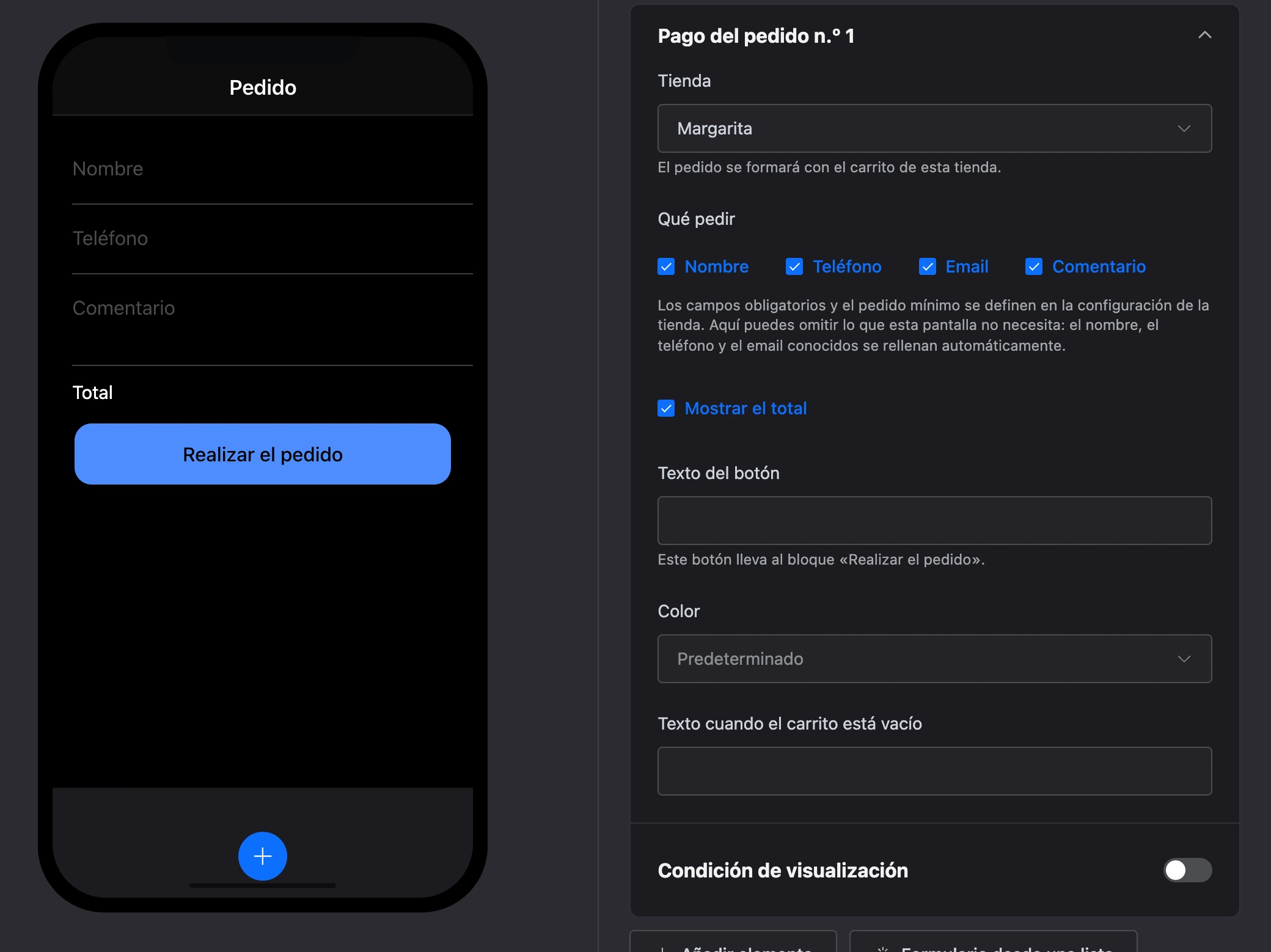 El elemento «Pago del pedido»: campos del cliente, el total y el botón «Realizar el pedido», y la configuración del elemento