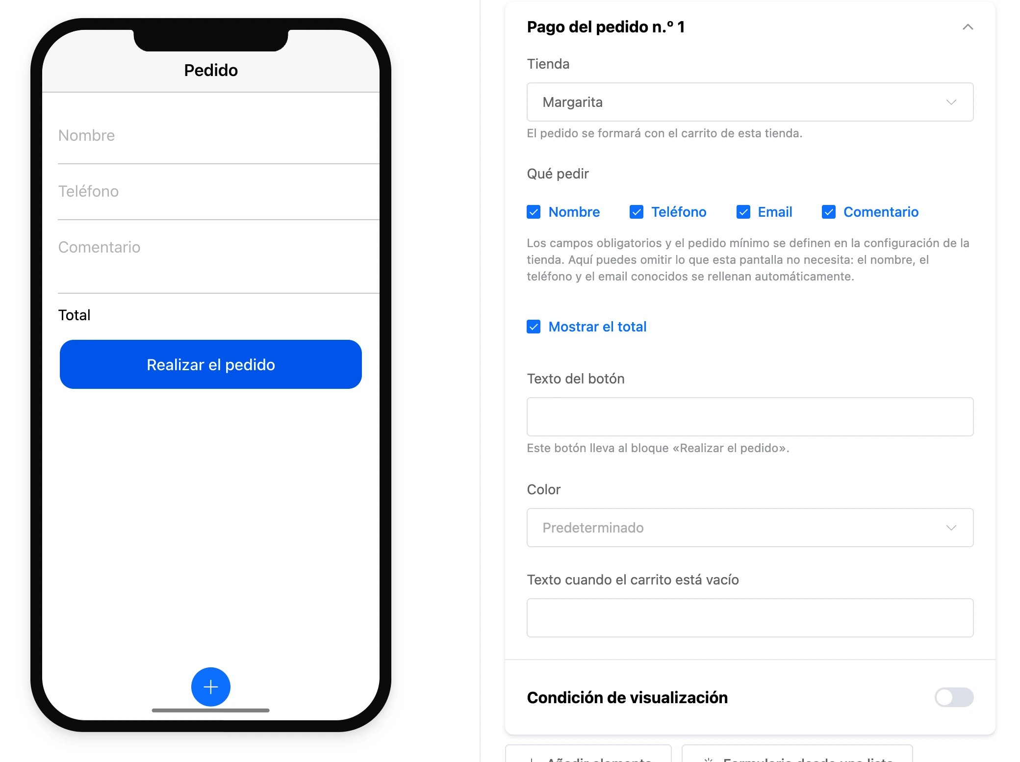 El elemento «Pago del pedido»: campos del cliente, el total y el botón «Realizar el pedido», y la configuración del elemento