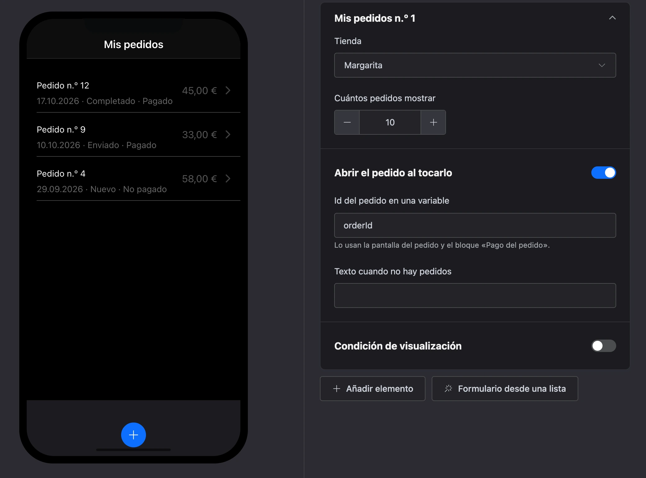 El elemento «Mis pedidos»: los pedidos del cliente y la configuración del elemento
