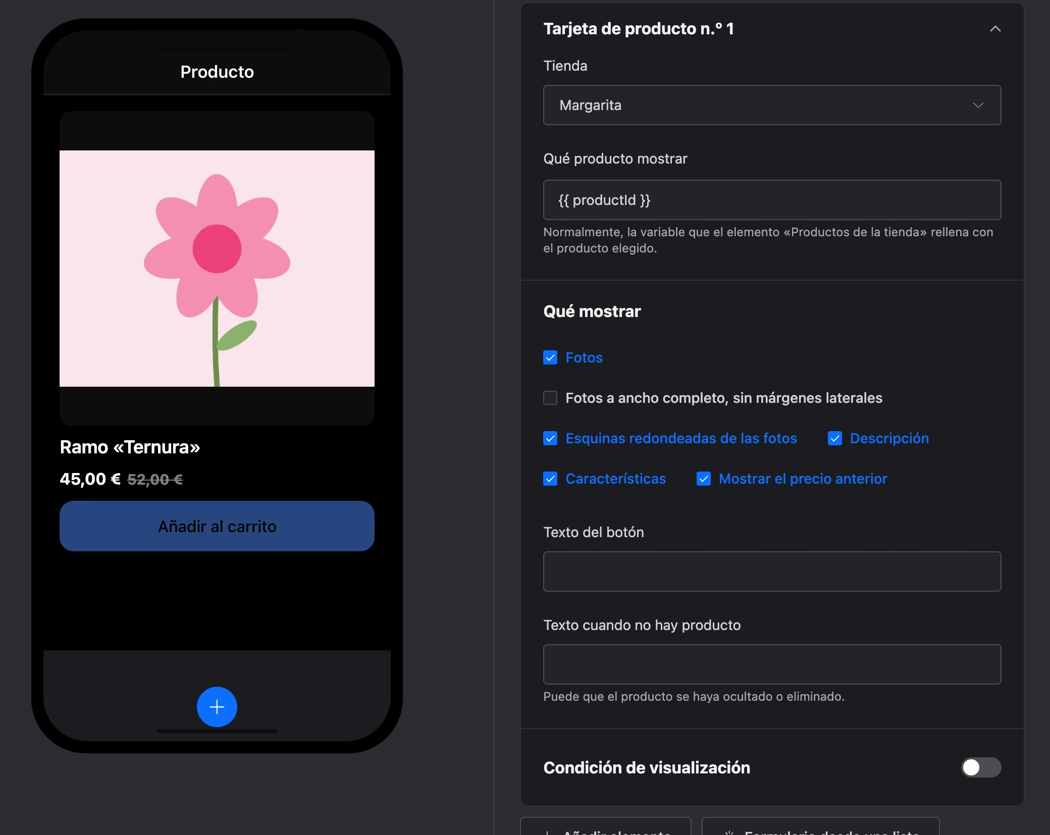El elemento «Tarjeta de producto»: fotos, precio y el botón «Añadir al carrito», y la configuración del elemento